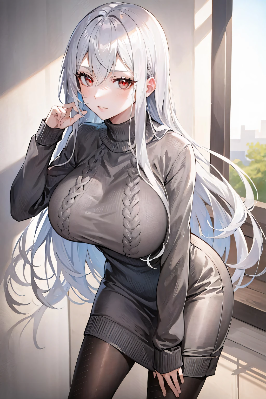 masterpiece, best quality, selvaria, light grey sweater, looking at viewer, leaning forward