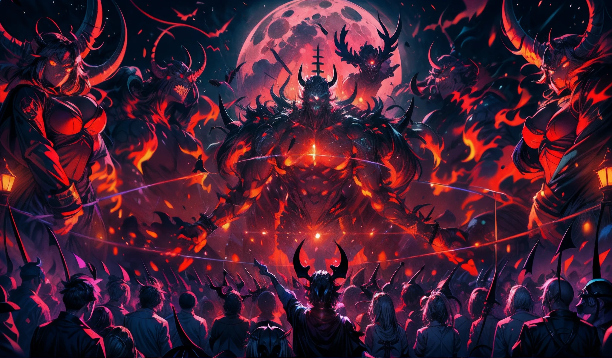 masterpiece, concept art, wide shot, musical theme, vibrant color, contrast, (hundreds of demons:1.5), demons army as a concert audience, carnival, demonic concert stage, under the moon light, (highly detailed, epic composition, epic proportion), trending on artstation, HD,