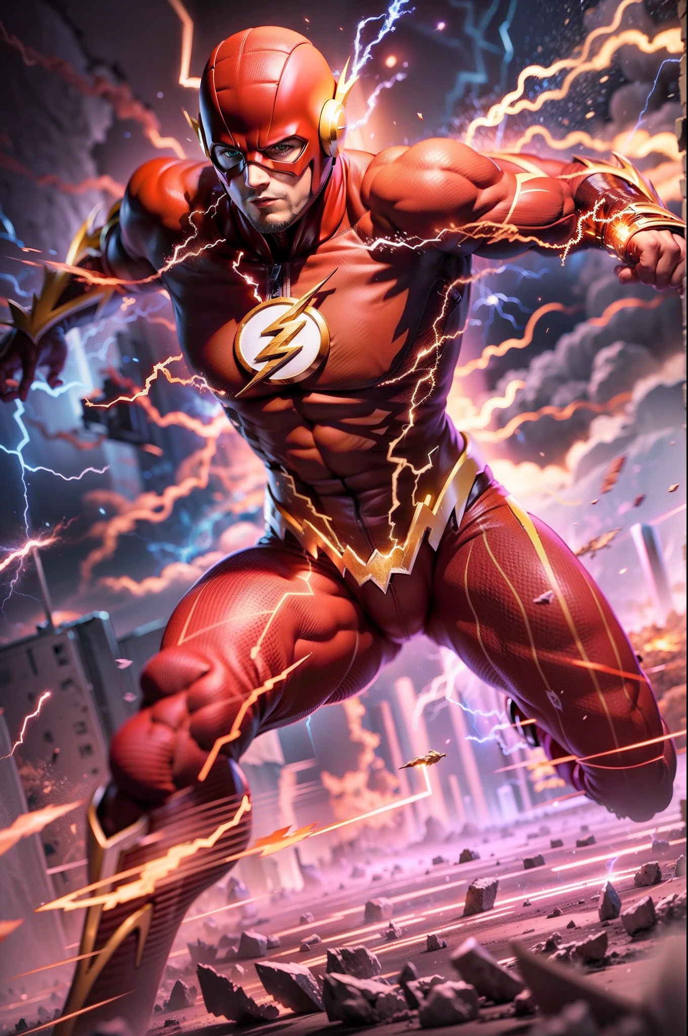 The Flash with the golden lightning symbol on his chest runs across the shattered earth，Surrounded by blue lightning，The human body emits bright light，Background lightning，Landslides and ground fissures（tmasterpiece）（best qualtiy）（A detailed）（8K）（cinmatic lighting）（Sharp focus）（复杂）