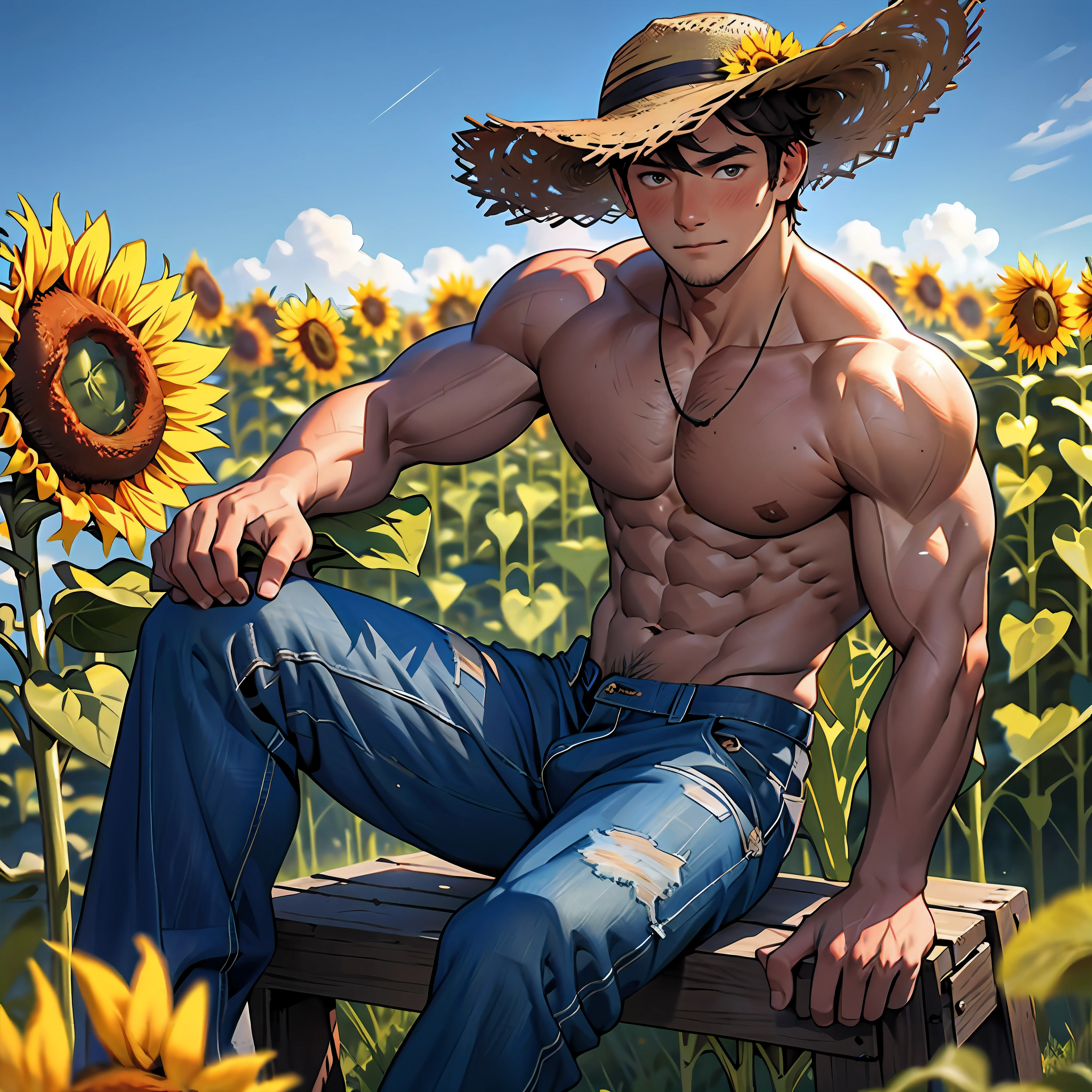 (masterpiece, best quality ), 1boy, young,muscular, short hair, brown eyes, intricate, grass, (sunflower field) , full body, shirtless, muscles shining in sunlight, blue pant, straw hat on head, vivid colors,(depth of field:1.2),(abs),blush, looking at viewer, sitting on grass, shirtless, visible pectorals