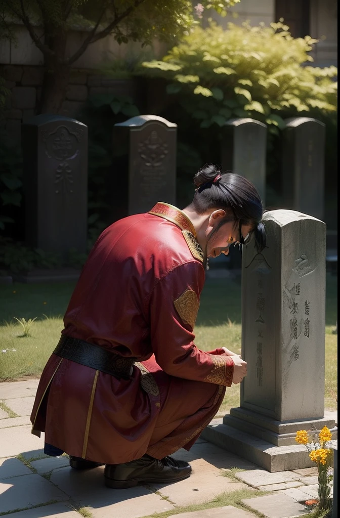 A Chinese kneels before a Chinese grave