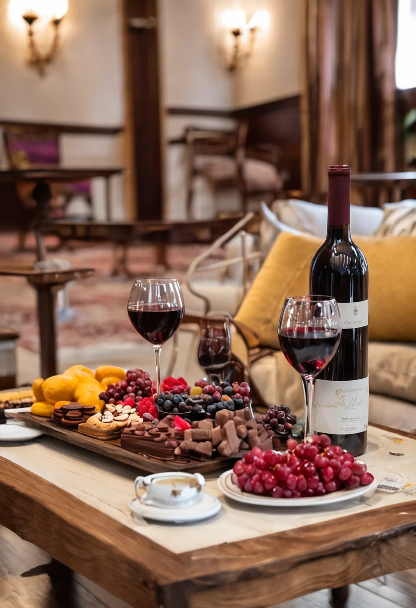 Crie uma imagem de uma sala aconchegante, com uma lareira acesa. No centro da sala, There is a wooden table with a tray of chocolates and wines. The chocolates are of various colors and sizes, And the wines are of different kinds. A luz da lareira cria um clima convidativo e aconchegante.