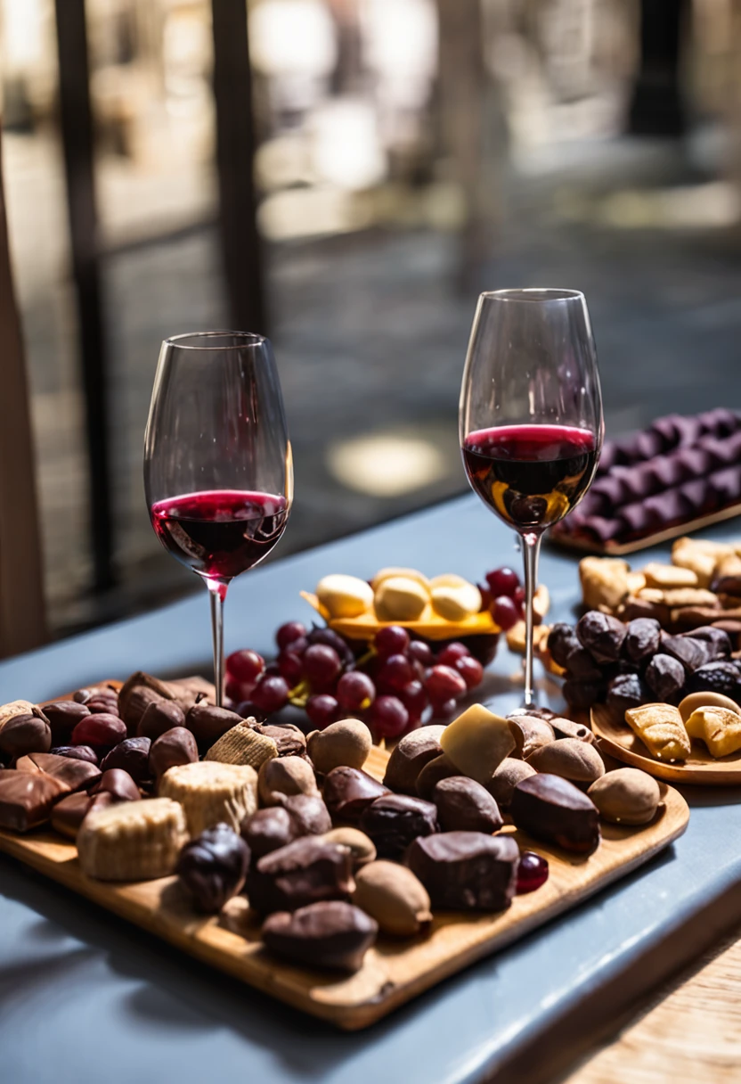 Crie uma imagem de uma sala aconchegante, com uma lareira acesa. No centro da sala, There is a wooden table with a tray of chocolates and wines. The chocolates are of various colors and sizes, And the wines are of different kinds. A luz da lareira cria um clima convidativo e aconchegante.