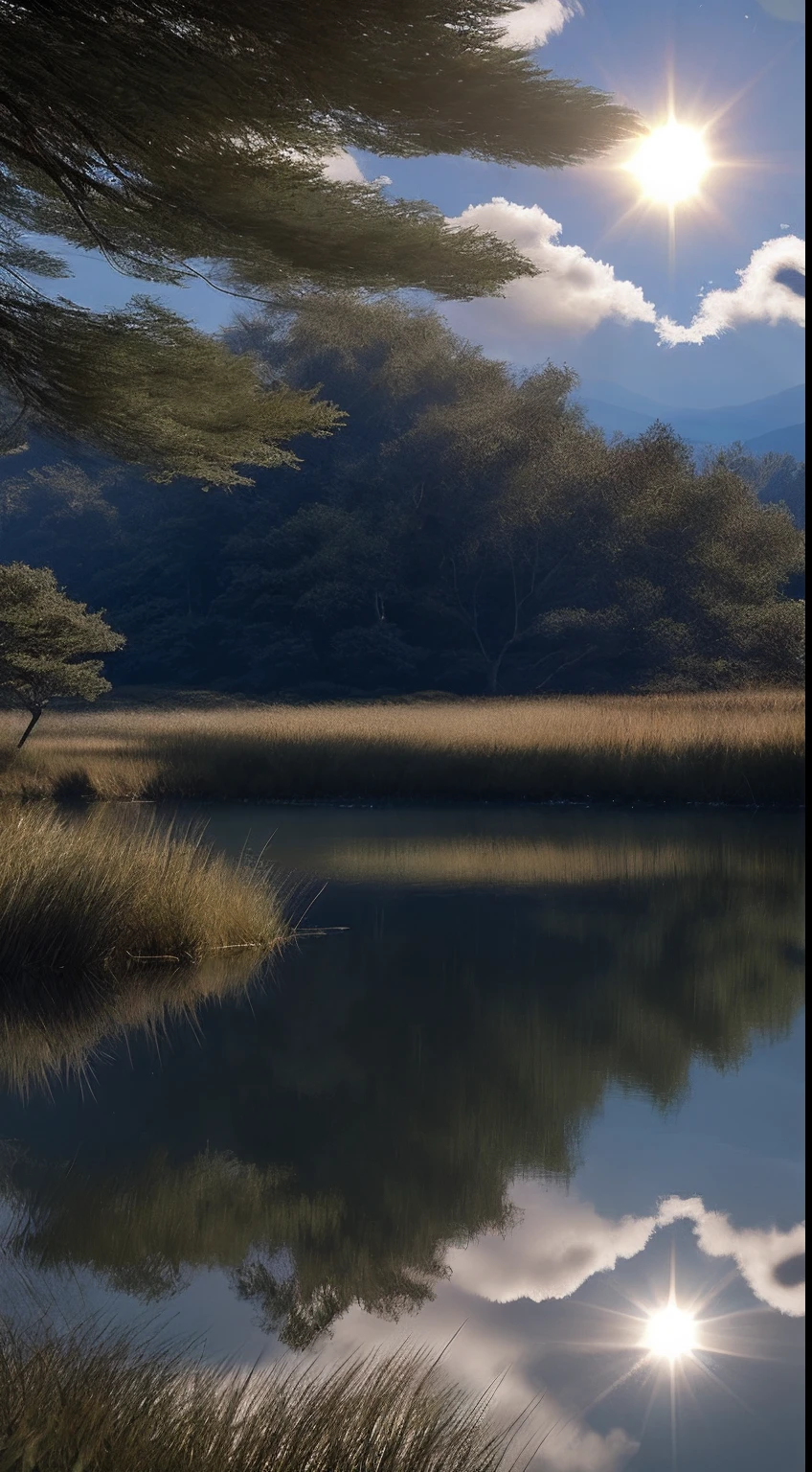 Papel de parede, 夏天, lago, amanhecer, Sun in sight between clouds, floresta, fundo do amanhecer, profundidade de campo, detalhe HD, hiperdetalhe, cinemactic, ultra realistic birds, luz suave, bokeh de foco de campo profundo, ray tracing, difuso (ultra-fine glass reflection) e realismo. --v6