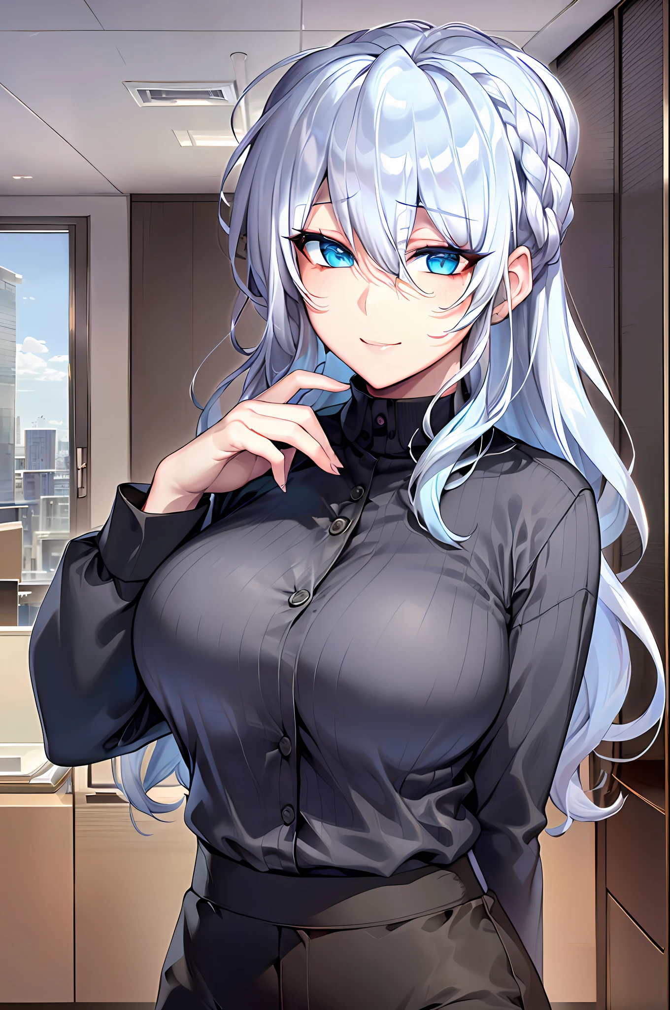 ((masterpiece)), (best quality), beautiful, extremely detailed face, perfect lighting,ultra-detailed,((expressionless)),((cold attitude)),((tsurime)),((tareme)),breasts,((Mature female)),((yukino, long hair, smile, bangs, (big breasts:1.2), braid, silver hair, braided ponytail, blue eyes, ringed eyes,
shirt, long sleeves, white shirt, necktie, collared shirt, pants, black pants, formal, suit, black necktie, shirt tucked in, office lady, full body