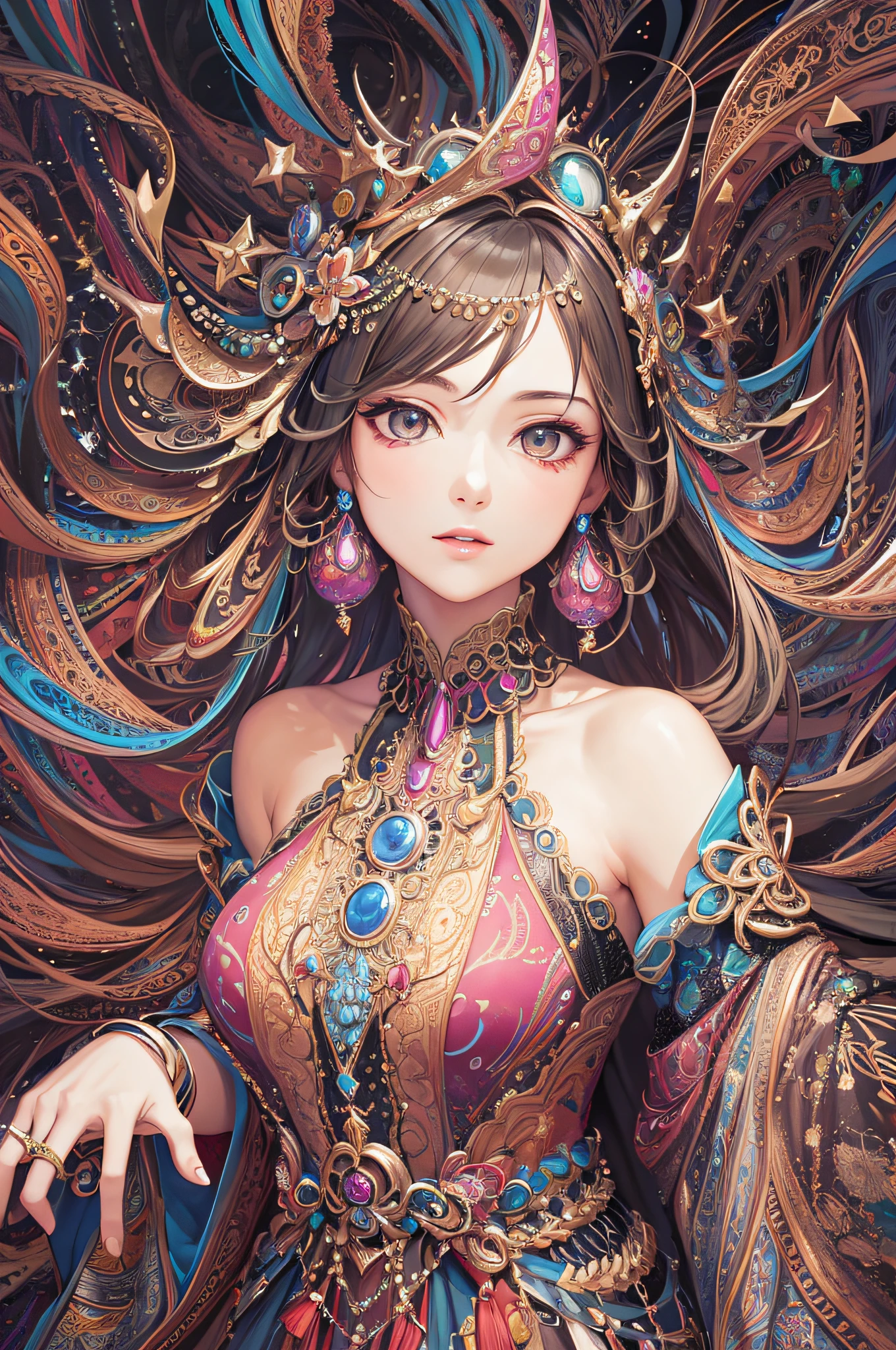 (tmasterpiece,top Quority,best qualtiy,offcial art,Beauty and aesthetics:1.2),(1girl:1.3),The is very detailed,(s fractal art:1.2),extremely colorful,Most detailed,(zentangle:1.2),(dynamicposes) , (abstract backgrounds:1.5), (traditionalcostumes:1.2), (shiny skins), (many color:1.4), The upper part of the body,European and American beauties