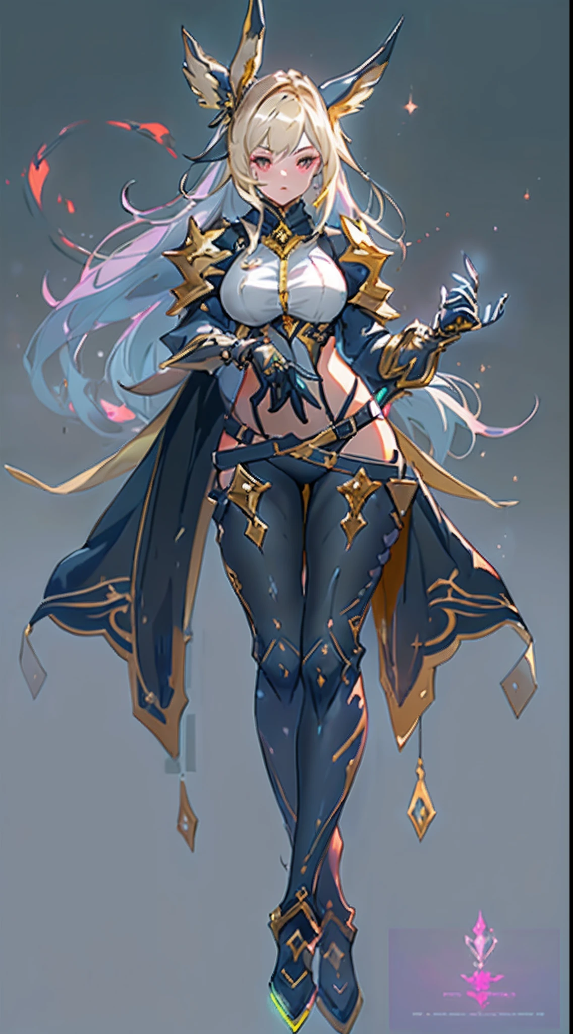 Design a layout showcase Gaming character, ((1girl)), assasin:1.4, Golden+Purple clothes, (big_boobs, big_ass), Black_Desert_style, stylish and unique, ((showcase weapon:1.4)), magic staff, (masterpiece:1.2), (best quality), 4k, ultra-detailed, (Step by step design, layout art:1.5), (luminous lighting, atmospheric lighting), Final Fantasy style, magican, ((glove full hands)), fran, viera, (((revealing clothes:1.3))), vambraces, armored legwear, (((full_body_shot:1.4))), Niji, back_view, T_pose, levitating, hovering, floating with magic wings.