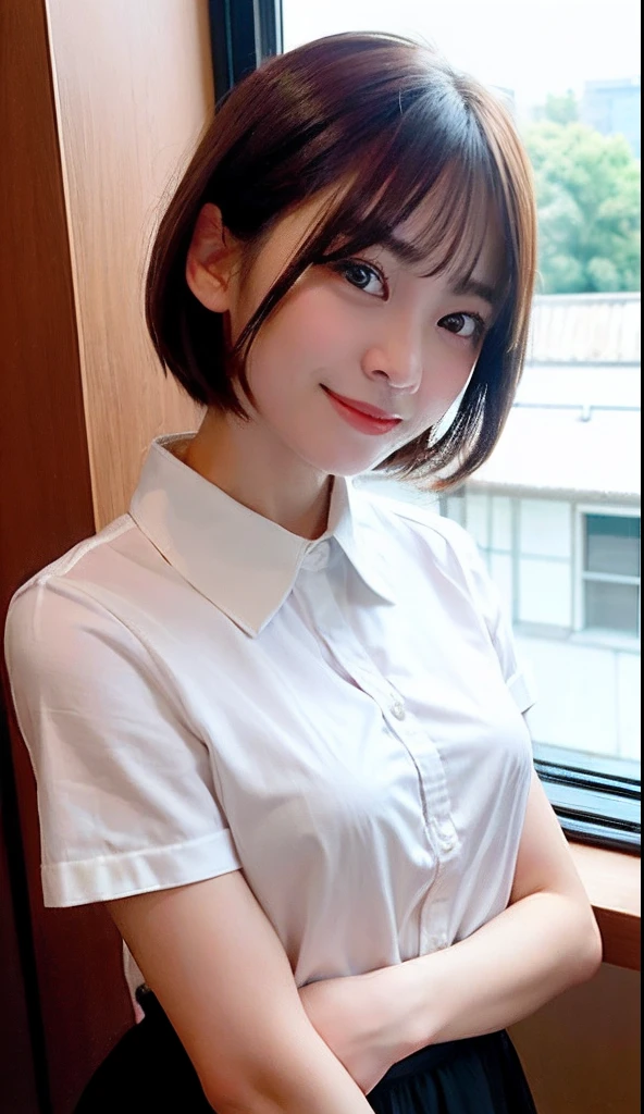 Top quality, RAW photos, Super high resolution, 17-year-old South Korean, very large round breasts, Shiny black hair, Bob cut, short cut, Match bangs, school uniform, shirt, ribbon, White dress, Simple hair accessories, Beautiful eyes, Very thin mouth, Smile,, beautiful eyes in detail, slender eyes, Dark cheek makeup, Long eyelashes, beautiful double eyelid, eye shadows, Beautiful slender legs, Various poses like school, School Classroom,