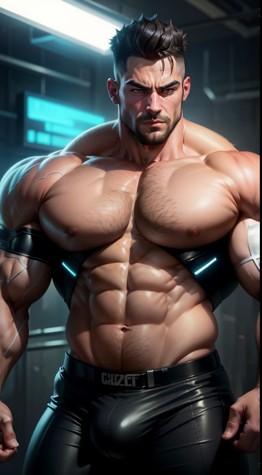Muscle Dad，cyber punk perssonage，vast pecs，Huge crotch bulge，Thick upper body，Wide shoulders，High- sharpness，high detal，