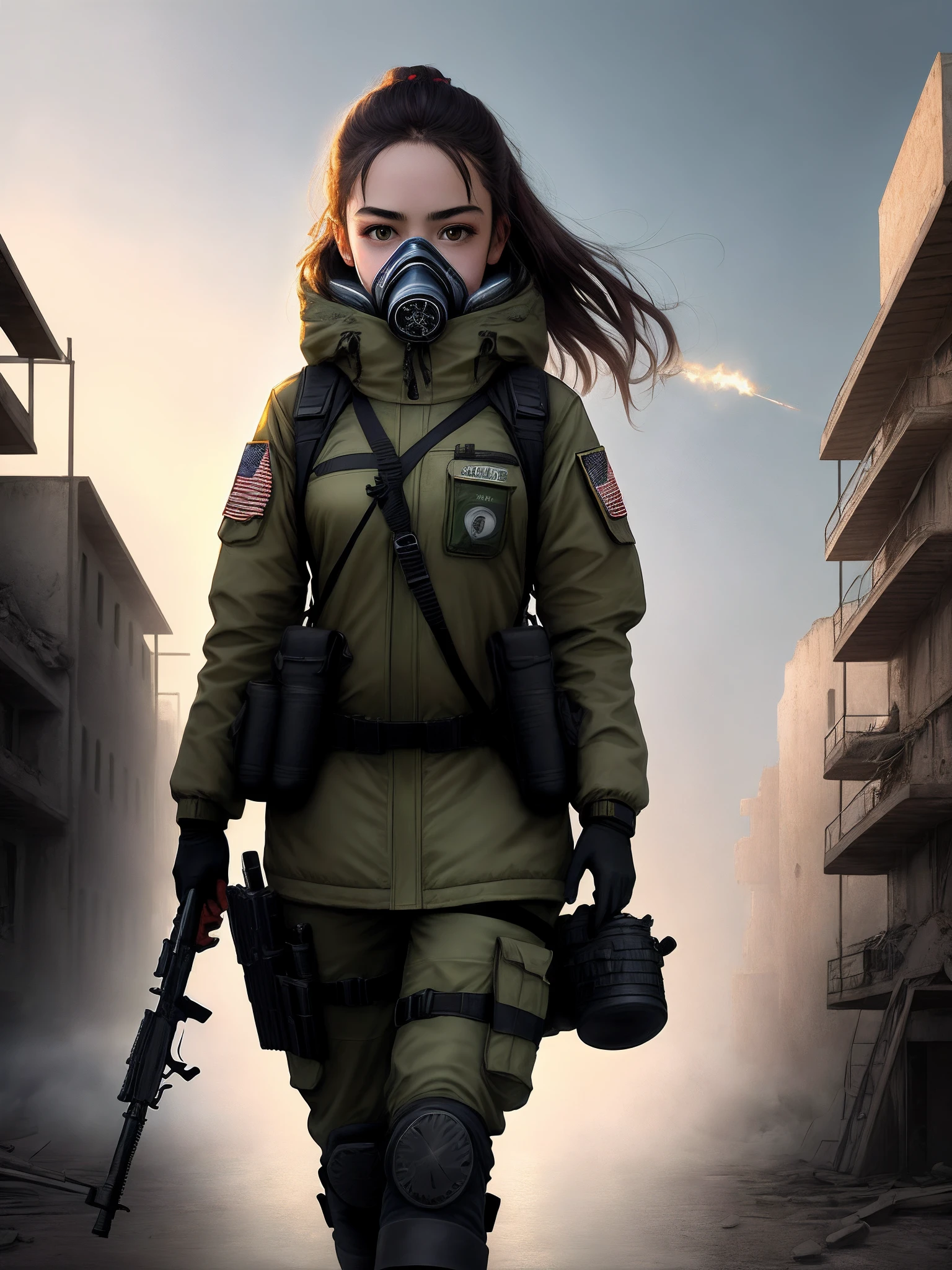 quadratic element,one-girl,In a half-face gas mask,tactical gear,Firearms in hand,Background with,Doomsday ruins,It's darker
