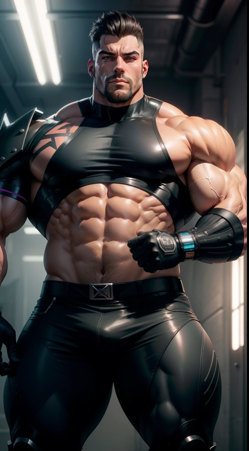 Muscle Dad，cyber punk perssonage，vast pecs，Huge crotch bulge，Thick upper body，Wide shoulders，High- sharpness，high detal，adeptus mechanicus