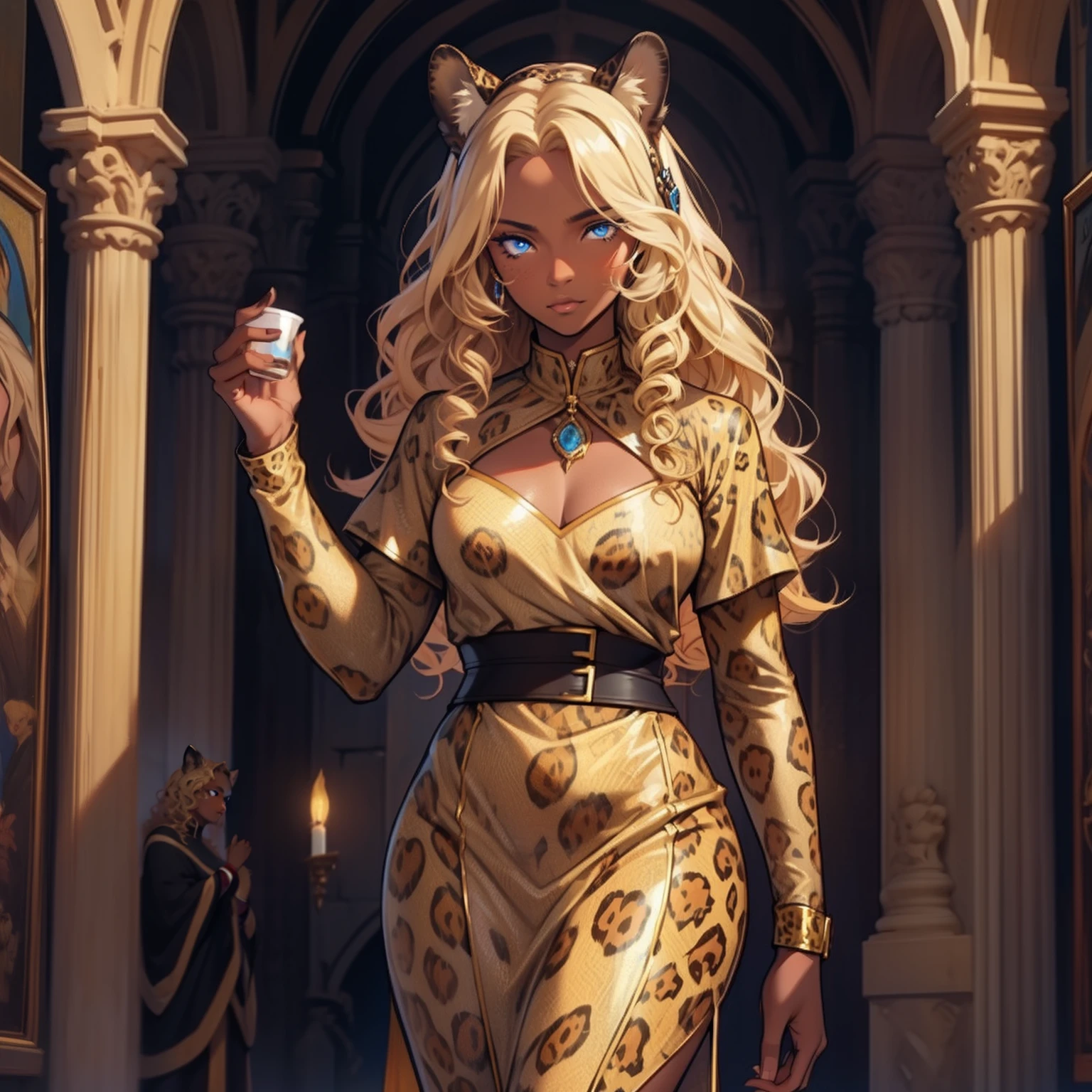 Dark Skin Woman. Cheetah Woman. Blue eyes. Blond hair. Dark skin Woman. Medieval art. Curly Hair. Curly Blond Hair. Alone. DARK SKIN. Cheetah Ears