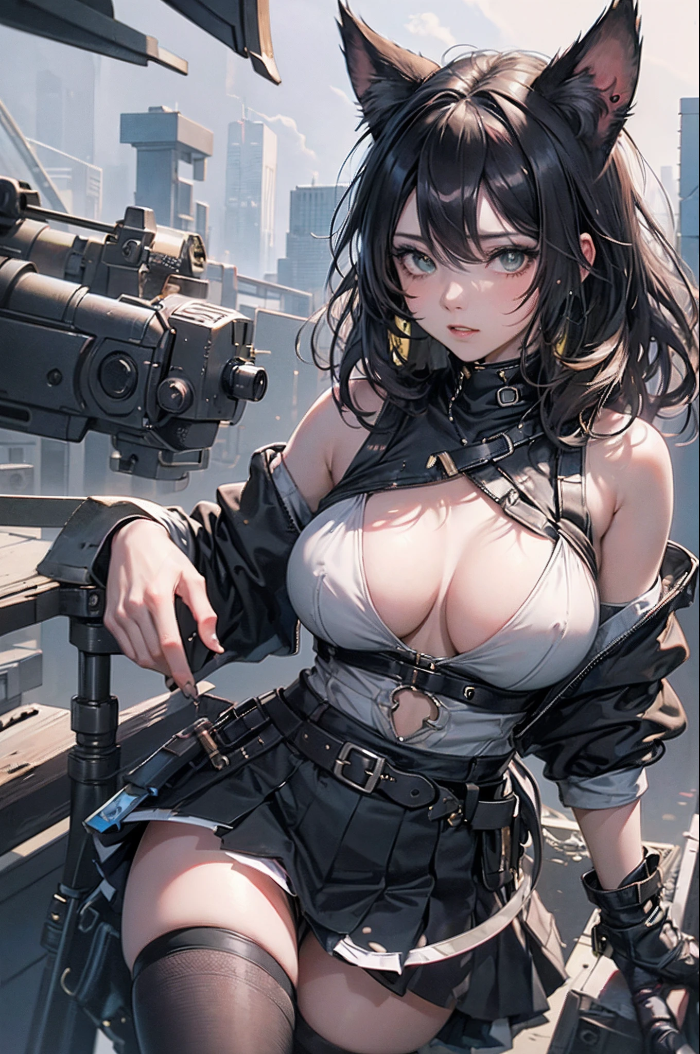 Anime comic style,huge tit,Bare chest,maidennurse,Black and white skirt,A pair of cat ears,long black brown hair,Green pupils,Look at the screen with your hands behind your back。
