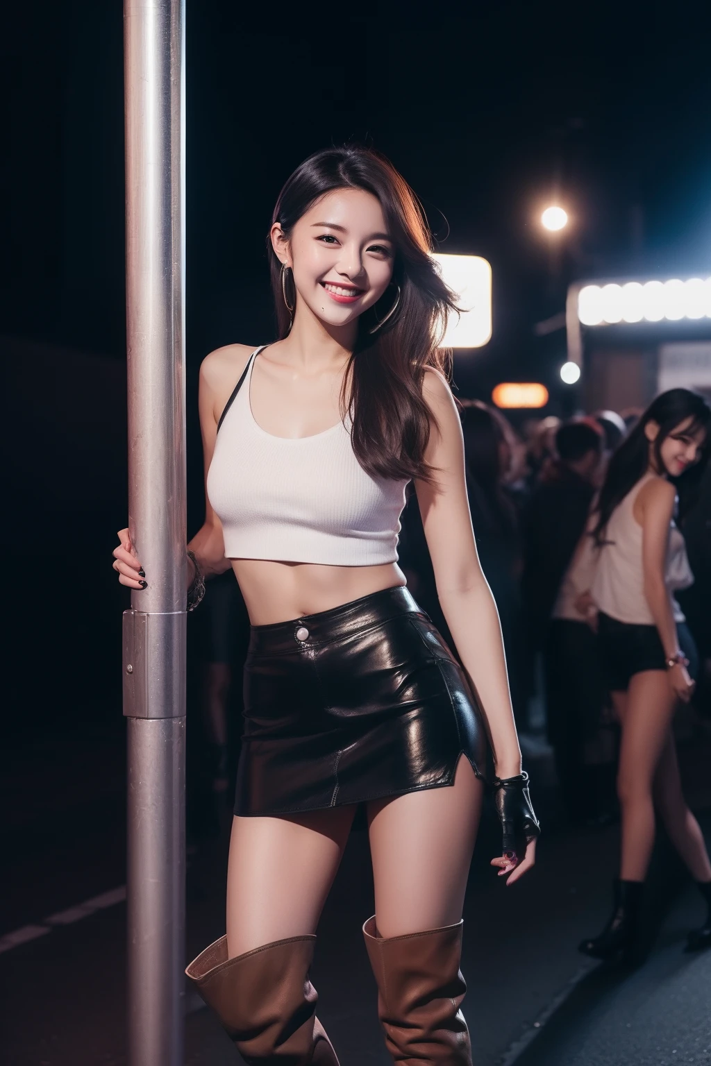 K-pop idols、Female sexy、A smile、White tank top、Black miniskirt、Brown knee-high boots、Leaning under a streetlight