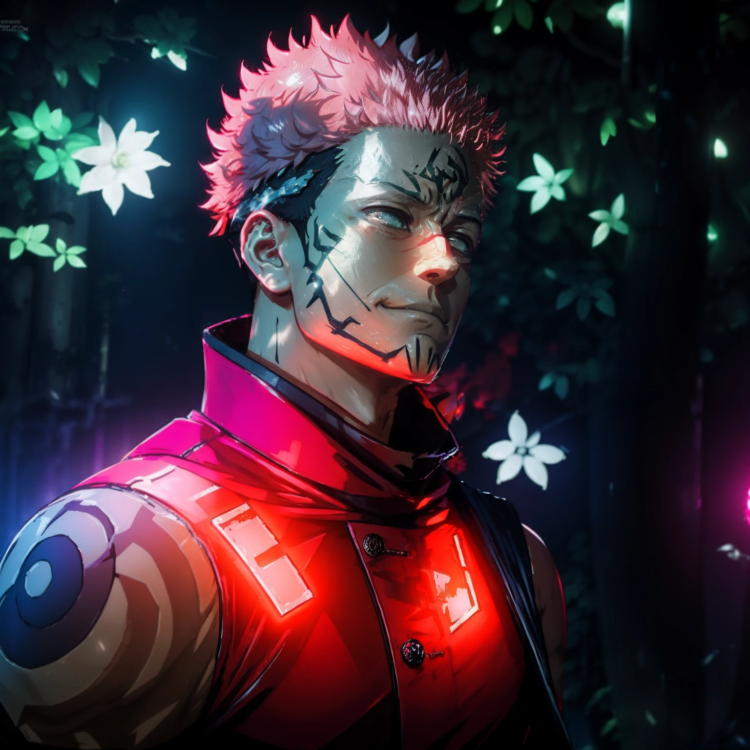 Sukuna, Jujutsu kaisen, Domain expansion, Malavnent Shrine , 200 megapixel, 8K quality, glowing aura , glowing pink hair with aaura