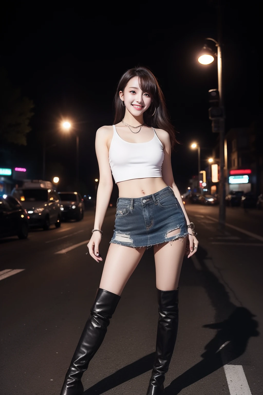 K-pop idols、Female sexy、A smile、White tank top、Black miniskirt、Brown knee-high boots、Leaning under a streetlight