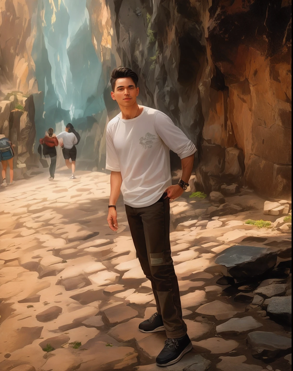 there is a man standing on a cobblestone road in front of a rock wall, candid picture, connected with hanging bridge!!, photo taken in 2 0 2 0, in a scenic background, moutain in background, standing in a grotto, with lovely look, at an ancient city, with a cool pose, with mountains in the background, full body photogenic shot
