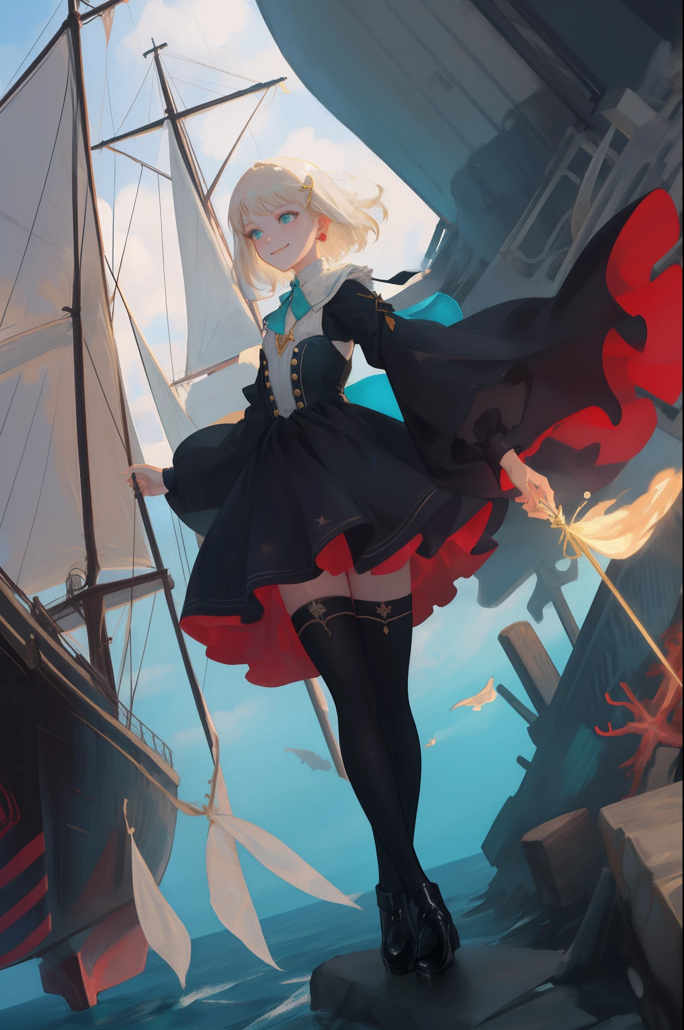 top-quality、high-detail、​masterpiece、Leyendecker's style、Fantasy 3D、Ultra wide angle high angle、Aqua Garden、1 Nordic beautiful girl、Smirking expression、Pretty small face、Light makeup、Cat's ears、Platinum blonde short hair、Medium chest、big butts、alchemist、Holding a magic wand in both hands、Gothic dress with long sleeves、long  skirt、Black stockings、colorful corals、Rocky reefs、sea weed、Wreckage of a flying sailing ship、thirds rule