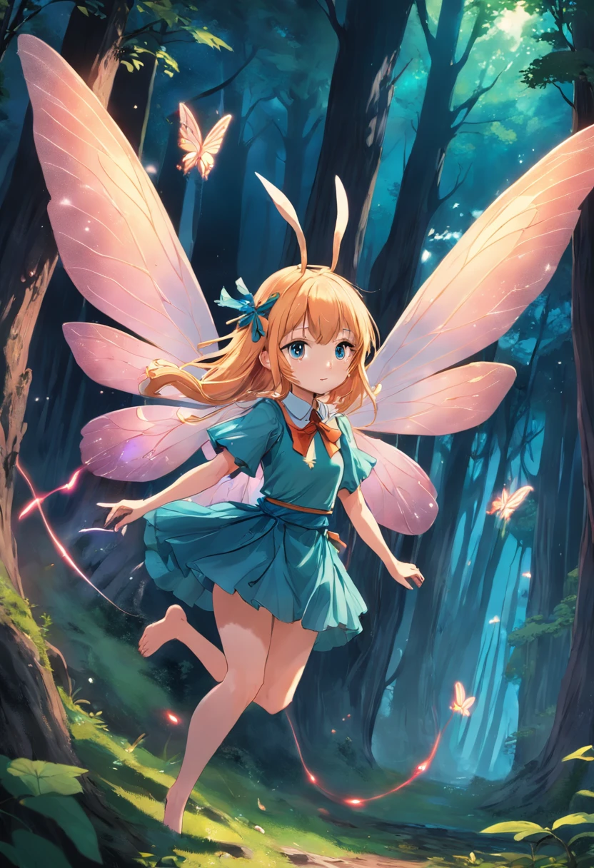 a fairy with wings flying next to a rabbit in a top hat in the middle of the forest