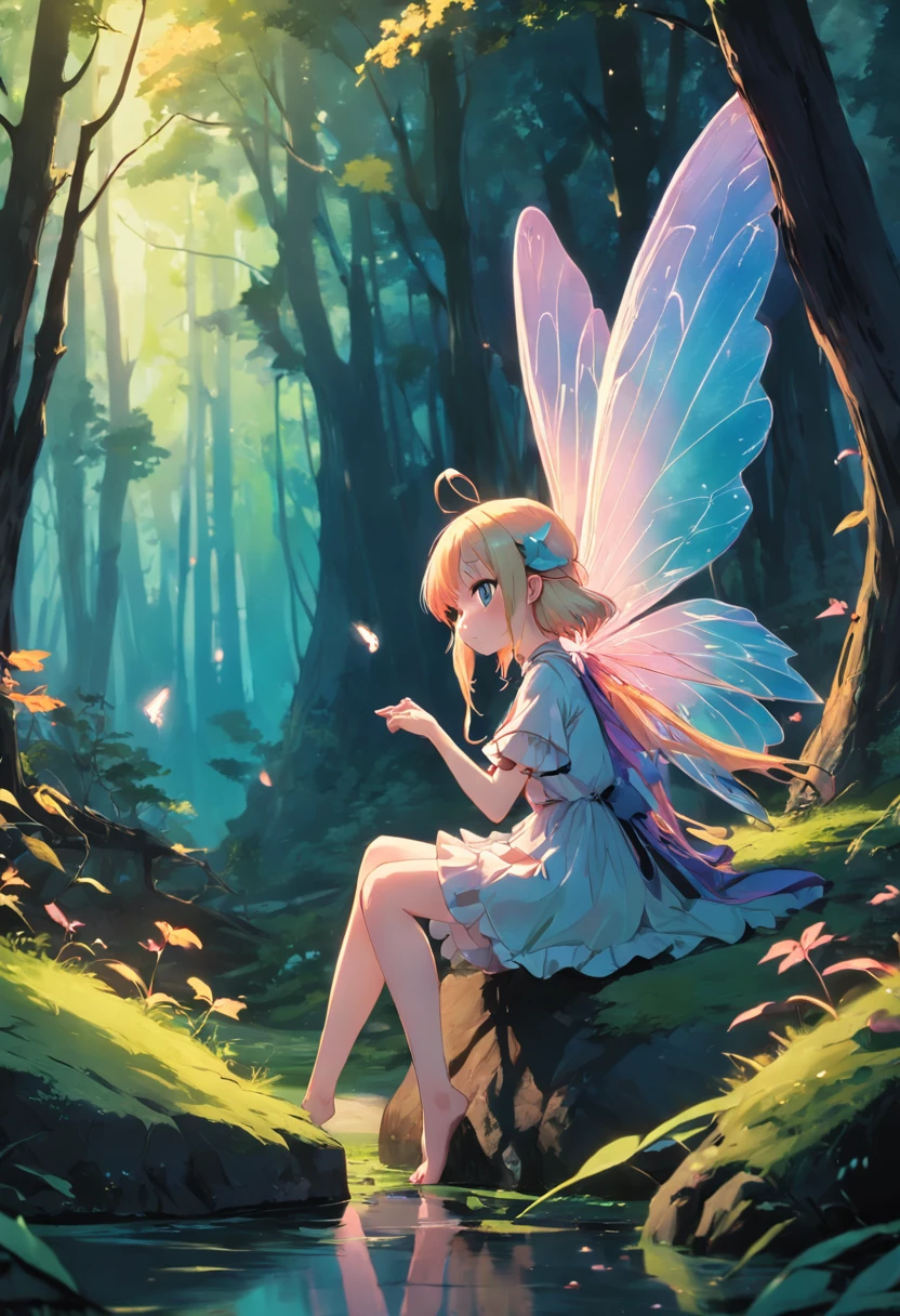 a fairy with wings flying next to a rabbit in a top hat in the middle of the forest