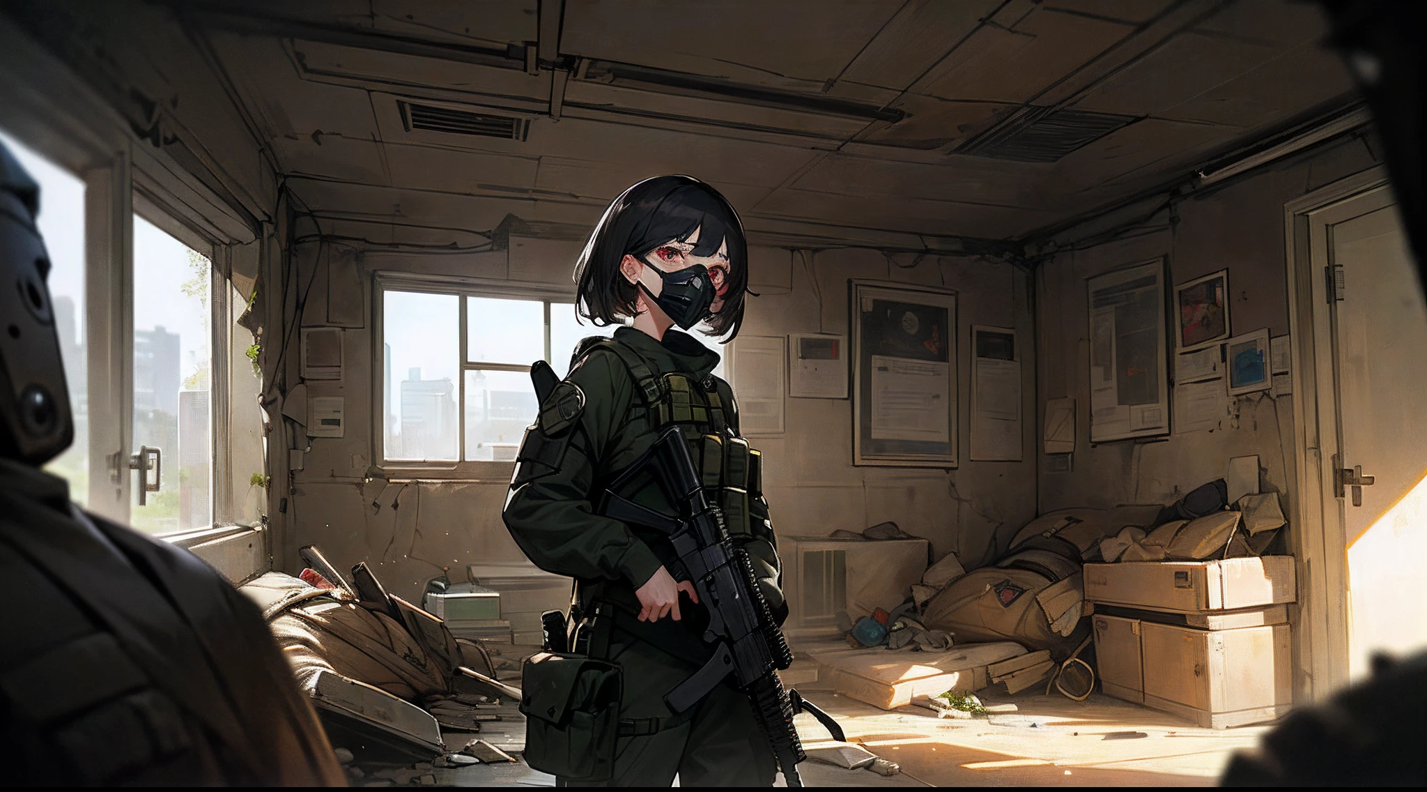 quadratic element，one-girl，In a half-face gas mask，tactical gear，Firearms in hand，Background with，Doomsday ruins，inside in room，underground room，ambiente dark