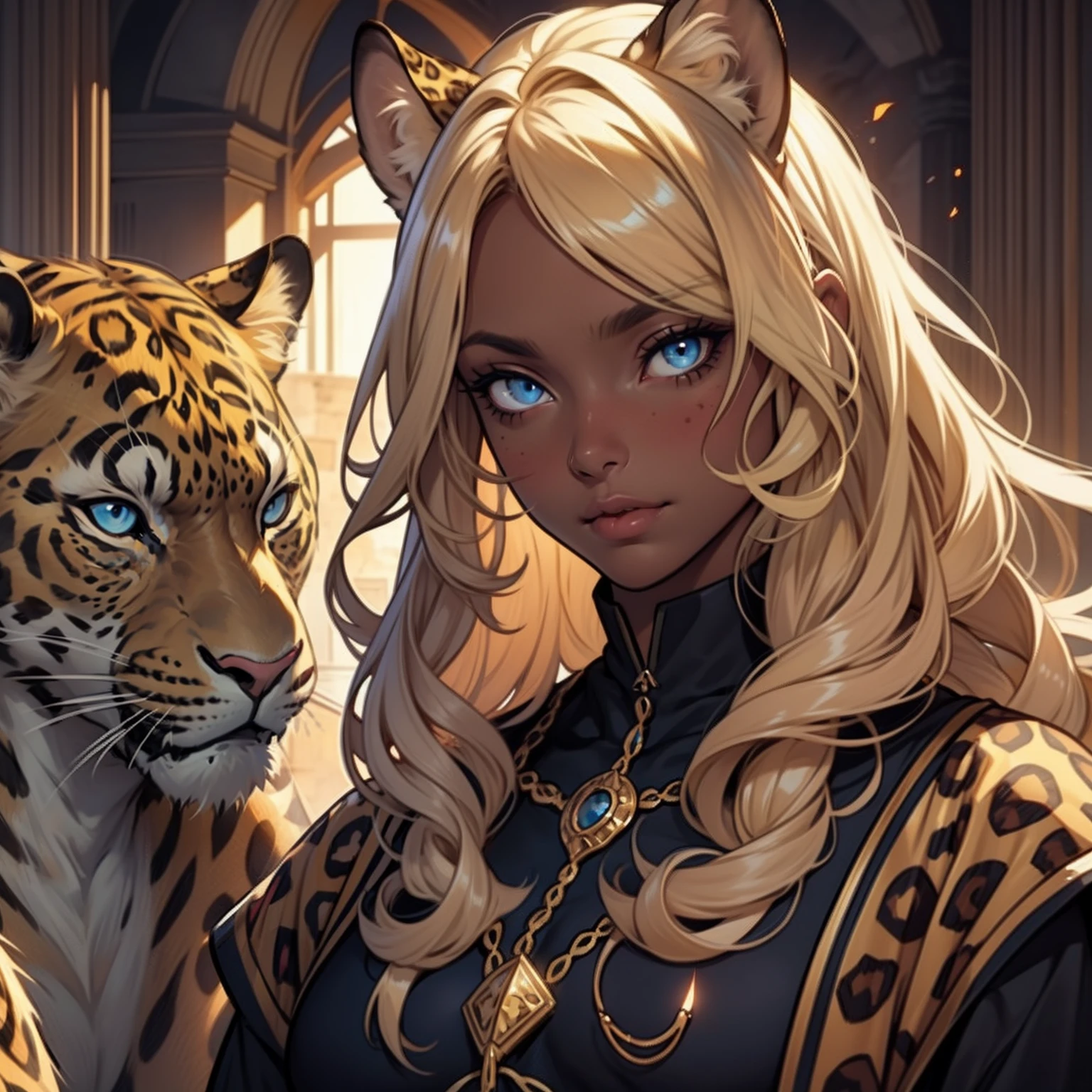 Dark Skin Woman. Leopard Woman. Blue eyes. Blond hair. Dark skin Woman. Medieval art. Curly Hair. Curly Blond Hair. Alone. DARK SKIN. Leopard Ears.