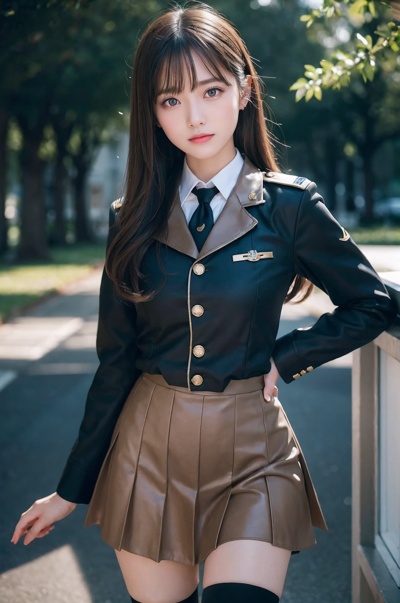 tmasterpiece,top-quality,offcial art,Highly detailed CG Unity 8K wallpapers,Like a girl,In the world1Cute 16 yeaVery delicate beautiful,超A high resolution,(realisticlying:1.4),Golden Hour Lighting,long brown hair,Blue eyes,German Army,military outfits,skirt type,Air Force Commander,intricate detailes,Fine thighs,long boots,black lence stockings,1girll,ssmile,Blushlush, best qualtiy, RAW photogr,realisticlying,incredibly absurd res, Buatigarh, depth of fields, hight resolution, ultra - detailed, finedetail, Very detailed, extremely detailed eye and face, Sharp pupils, tack sharp focus, cinmatic lighting