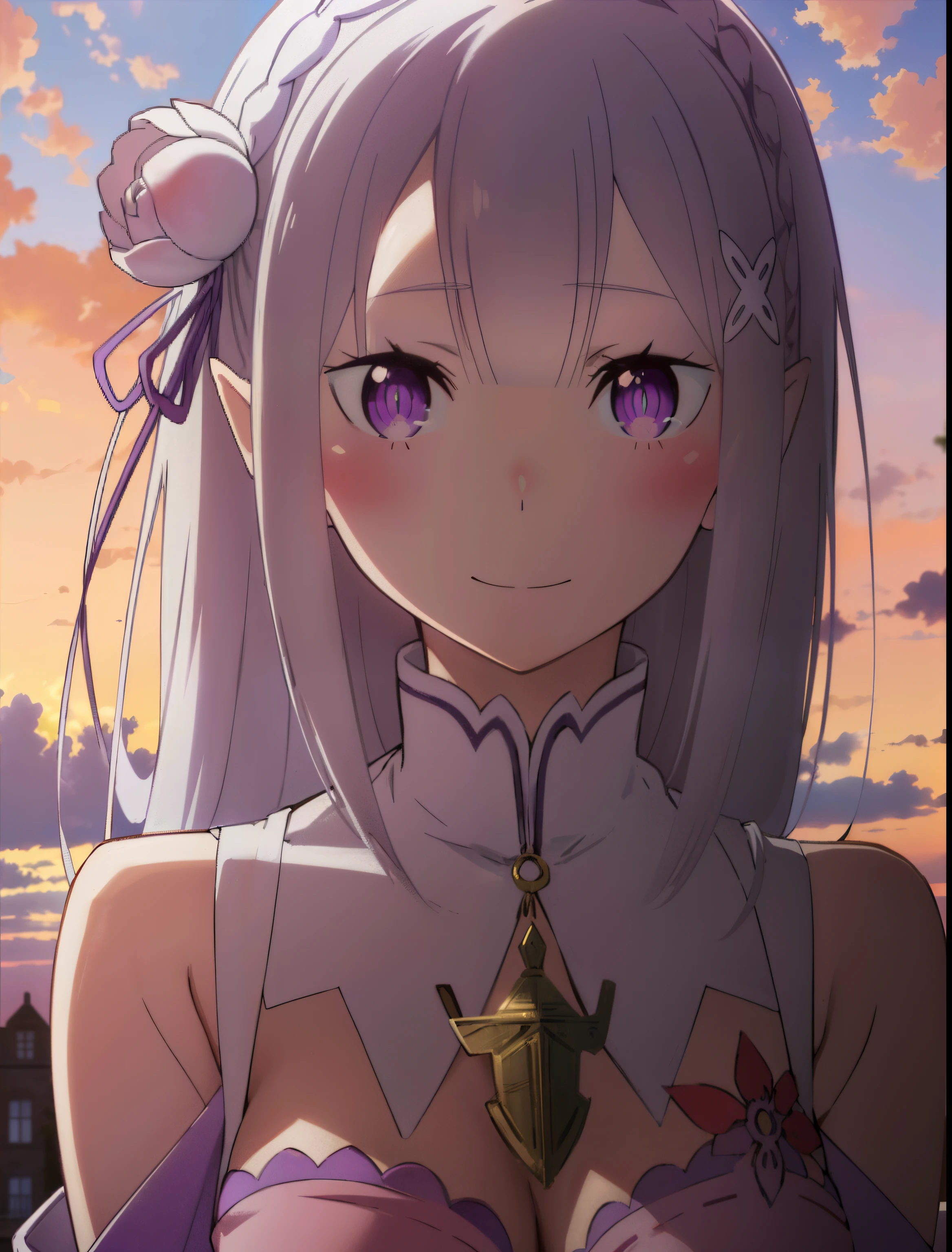 Femilia, 1girl in, Solo, breasts, Smile,((masutepiece,Best Quality:1.4),Ultra-detailed,(Intricate details:1.1),Cinematic Light,short bangs,Beautiful detailed eyes,Red Buck Round, Blue sky, Purple Sky),Looking at Viewer,