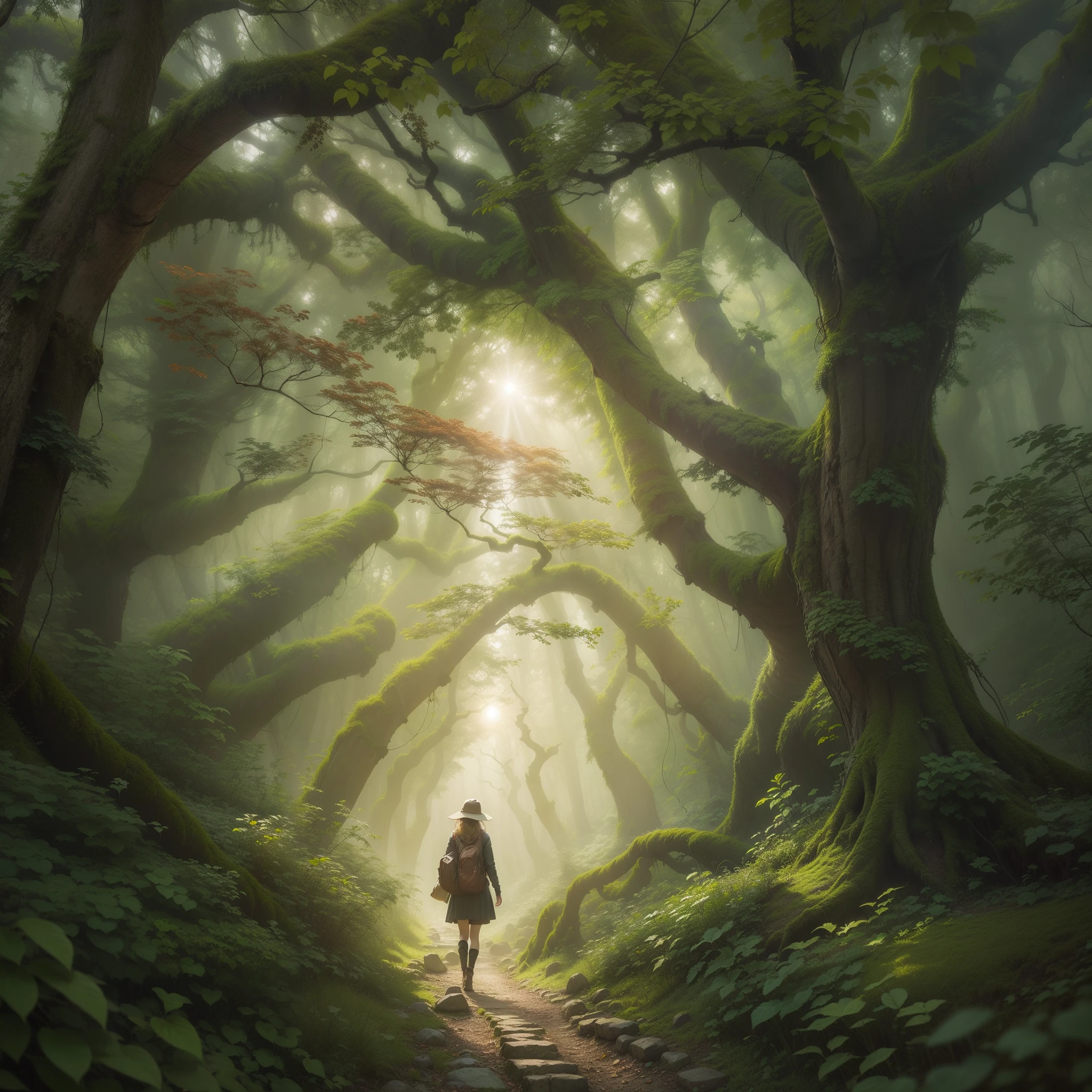 A mist-covered forest trail winding through ancient trees, the sun barely breaking through the canopy, high quality, high resolution, extreme detail, masterpiece, high quality, high resolution, extreme detail, masterpiece, 1girl walking on a forest path, forest, trees, nature