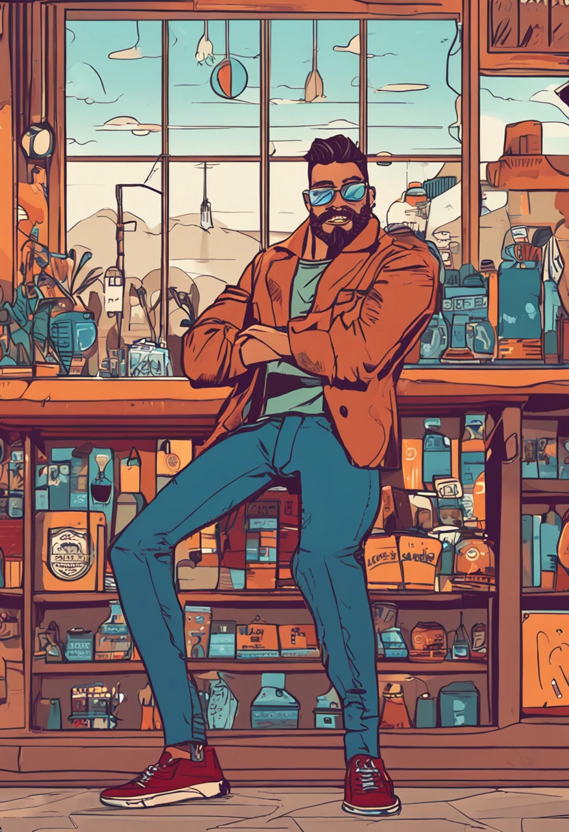 (anime:1.2), homem de 20 anos, barba, bigode, blue round glasses, fundo de um bar.