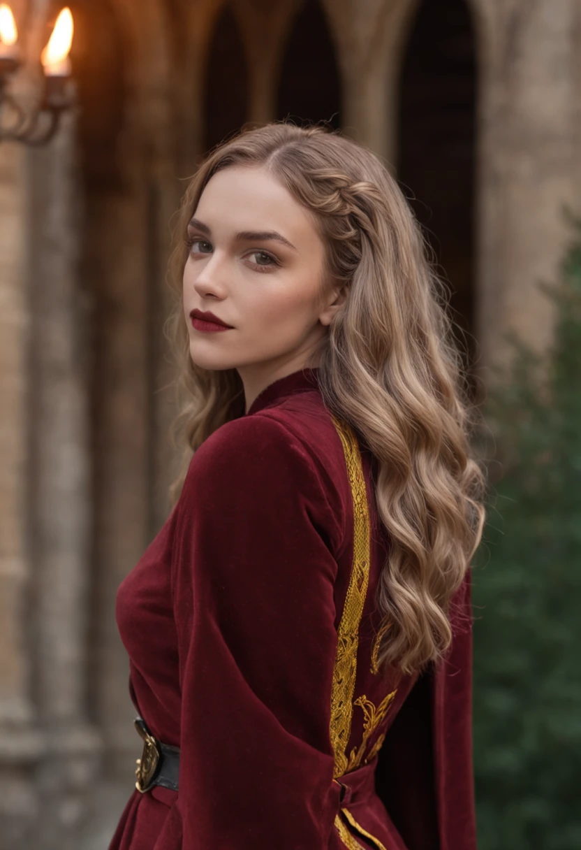 Hermione Granger at Hogwarts, Open legs, Pubic hair, The eye, Beautiful face,  The Gryffindor background is the Q playing card of spades，The background is two mature women hugging each other，The woman has tattoos on her body，Blackn clothes，Golden hair，One of them, The woman's eyes were grim，The other woman has a charming appearance