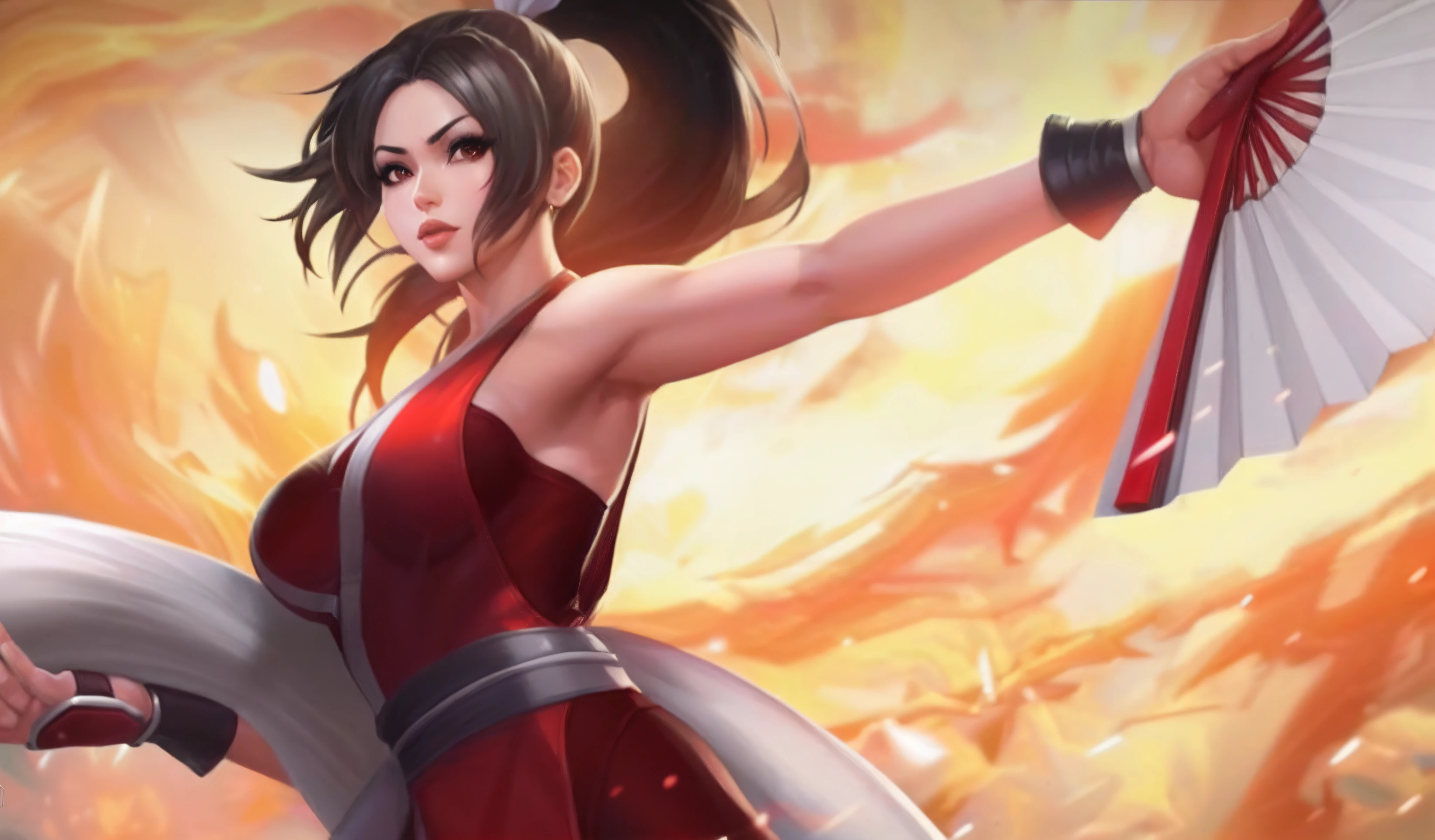 uma mulher em um vestido vermelho segurando um leque branco e um vestido vermelho, Personagem de King of Fighters, Mai Shiranui, Artgerm extremamente detalhado, estilo artgerm, Artgerm e Ruan Jia, personagem de jogo de luta, artgerm detalhado, Tifa, Artgerm Plano, trending artgerm, estilo de artgerm, 8k Full HD