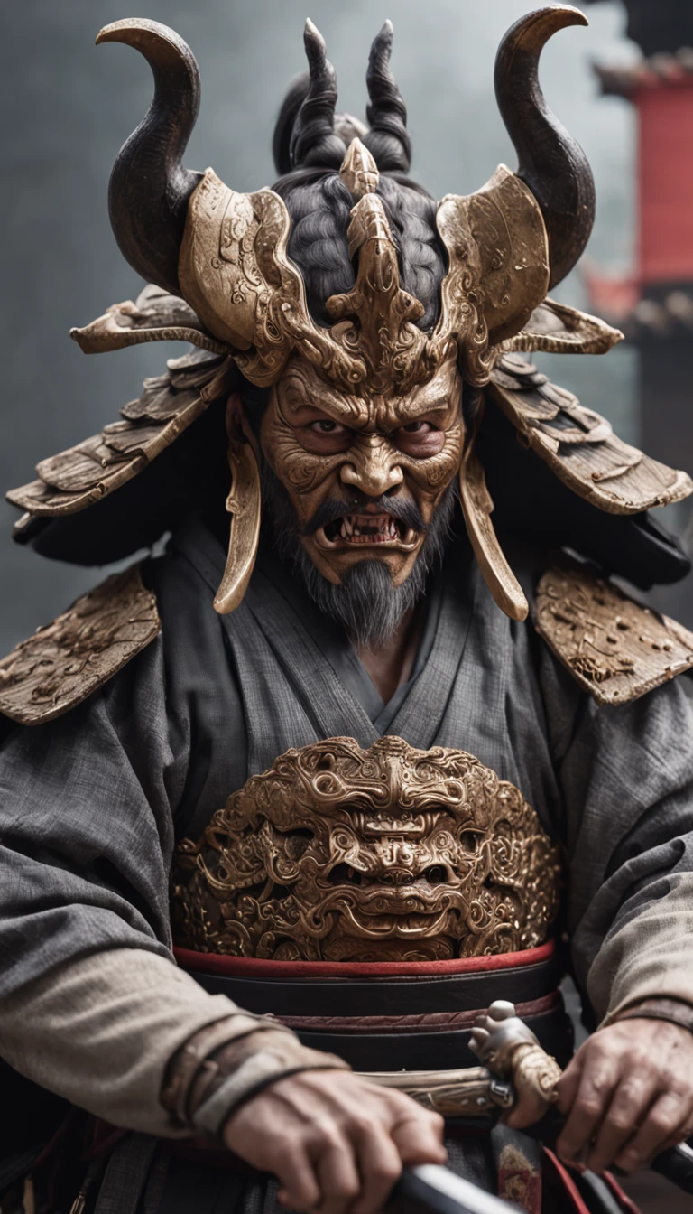 About 20 years from the feudal era, A samurai with a sword wrapped in an ominous aura、Face off against some menacing monsters ready to attack.