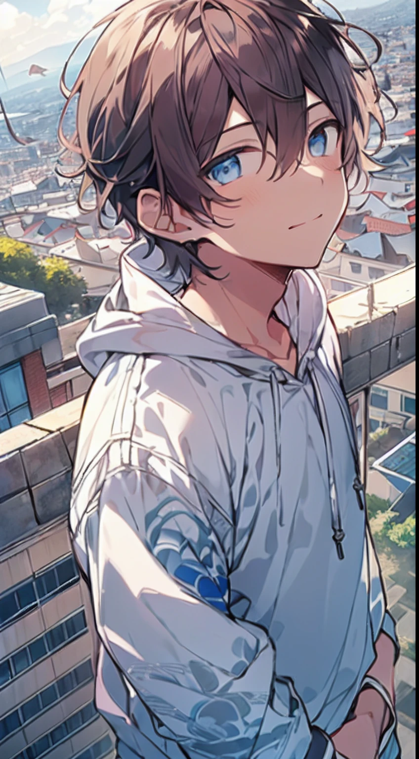 masutepiece, Best Quality,Illustration, Wallpaper, Ultra Detail, 1boy in, Solo, (Medium short hair), Beautiful ultra-detailed eyes , (Street:1.3), Sunny bright sky、Hair that flutters in the wind,(a panoramic view:1.5),(Sense of depth:1.3),(longshot:1.3), wearing white Hoodie, blue eyes, brown hair, small smile, black white shirt underwear