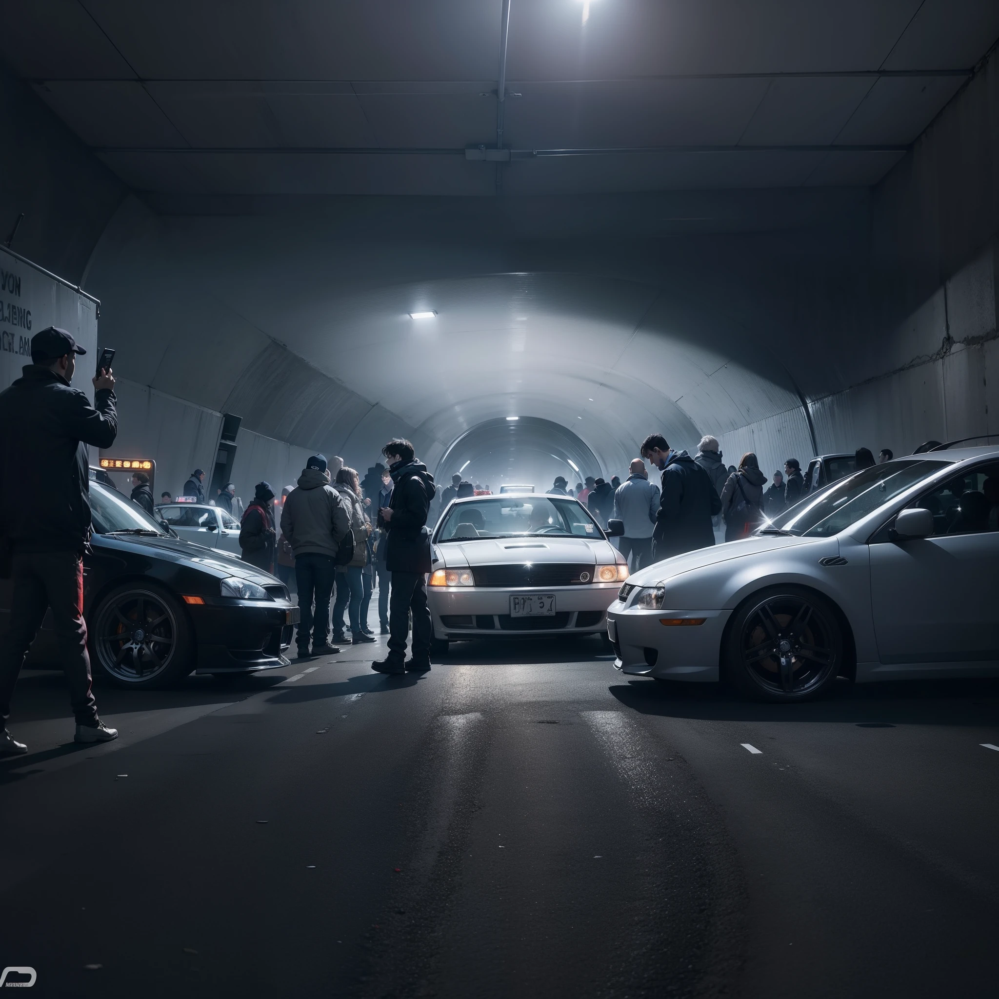 ("group of people meeting cars in a tunnel , underground", "cinematic, dark weather", "street meeting , modified cars , tuned", "smoke", "Ultra detailed")