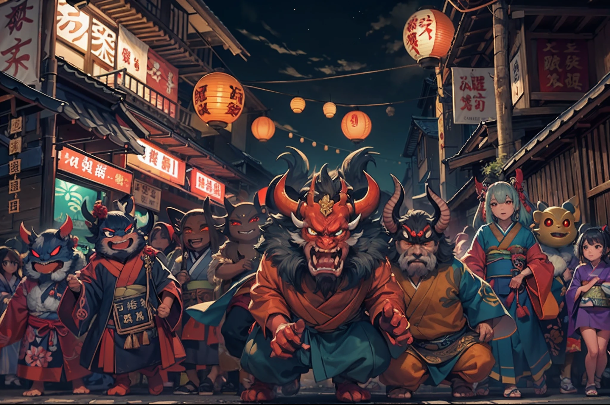Night parade of One Hundred Demon, flawless and fantastic, image featuring a pair of different kinds of mythical creatures including , orges, oni, tengu, kappa, faceless , kappa, (vibrant color), masterpiece, ultra 4k wallpaper, in the night, they are parading through a japanese style street filled up with lantern