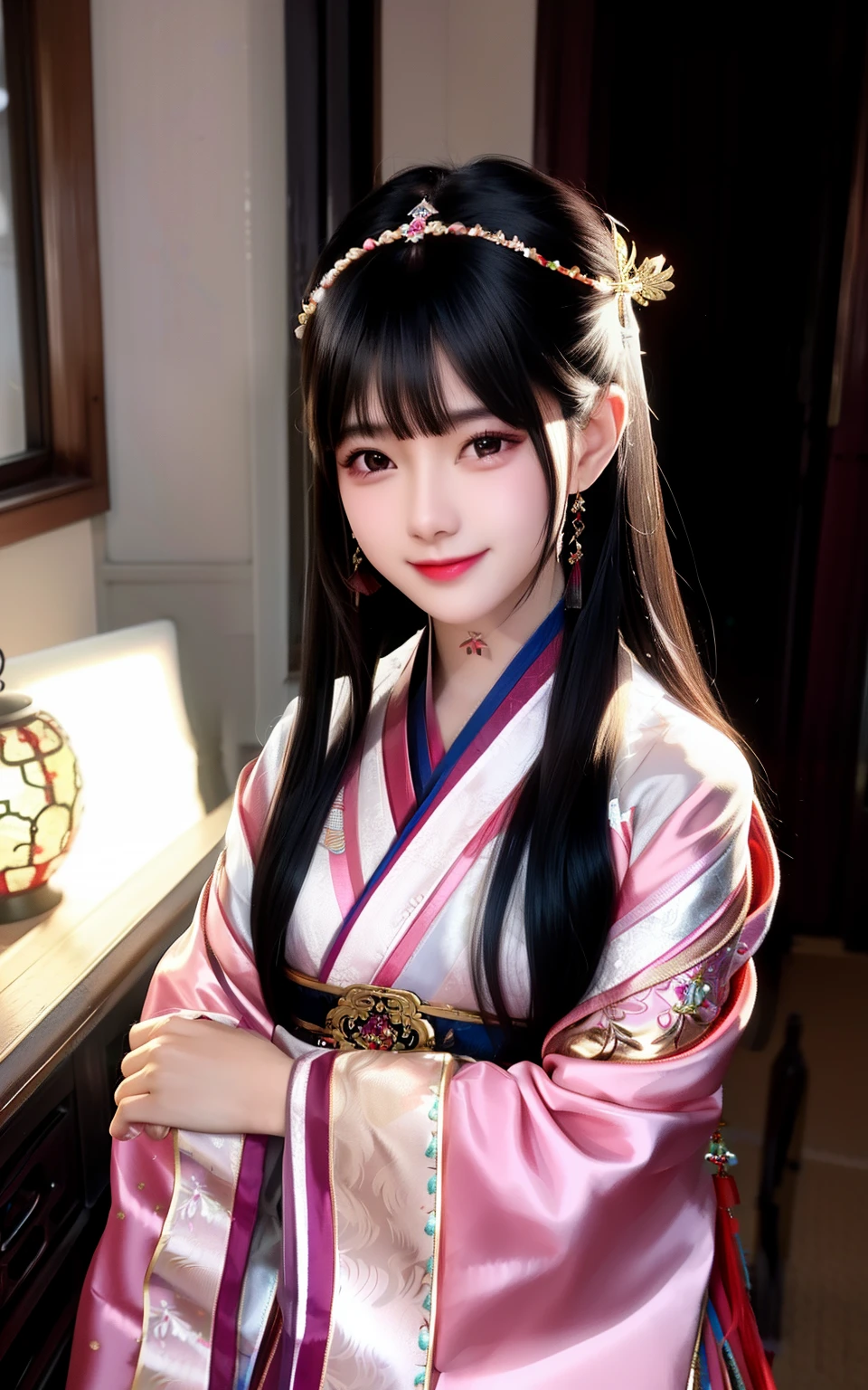 Need,tmasterpiece,A high resolution,1girl,ars old,Blushlush,(Seductive smile:0.8),starpupil,Chinese Hanfu,hair adornments,choker necklace,jewelry,beautfully face,on_body,dingdall effect,realisticlying,Shadow Room,light edge,Two-tone lighting,(highdetailskin:1.2),8k uhd,Slr,softlighting,high high quality,Volumetriclighting,sneak shot,photore,A high resolution,4k,8k,Background bokeh