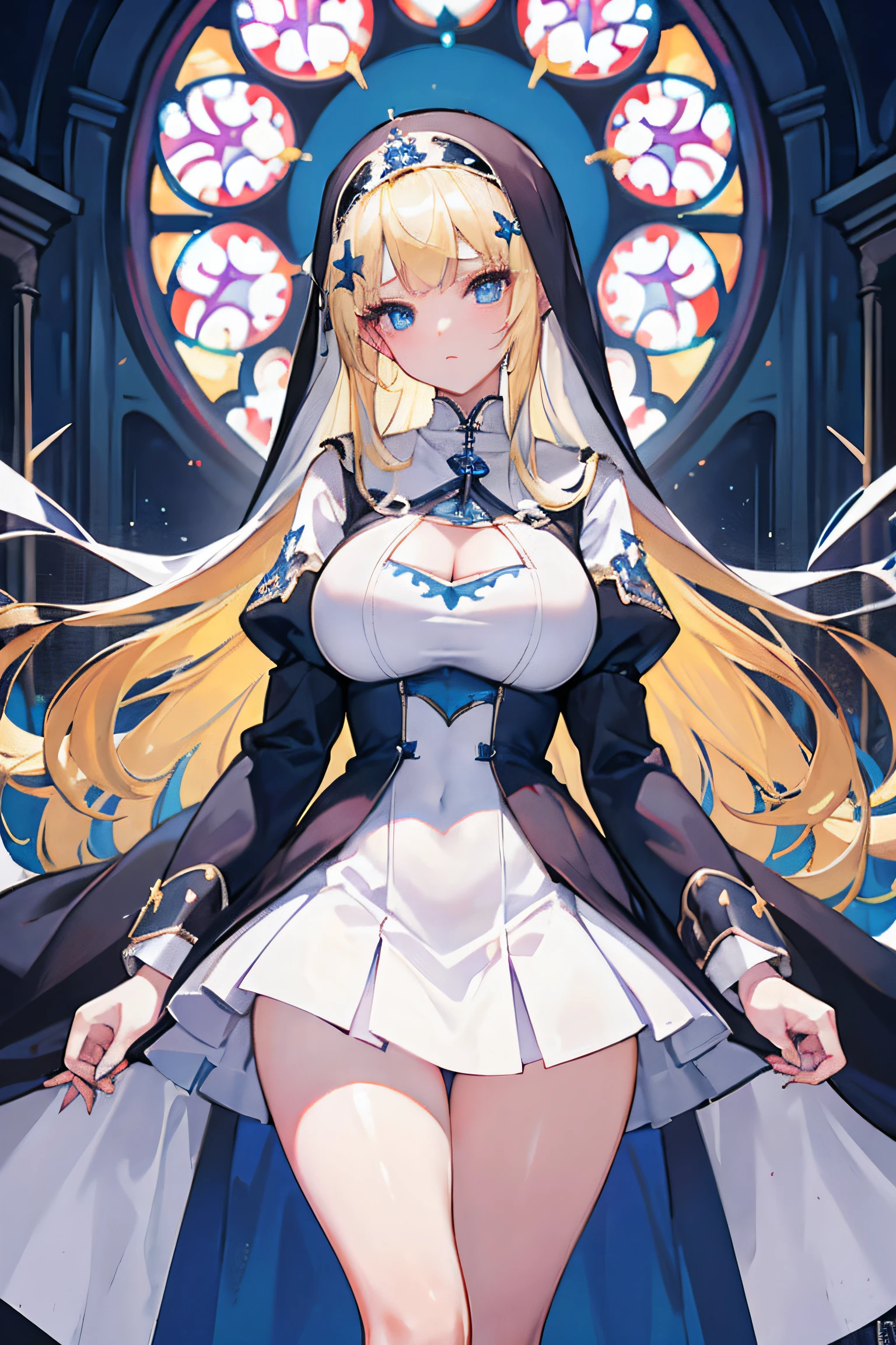 1 Girl shows white tong，Spread your legs，Gorgeous erotic nun dress，Misty，huge tit，Long blonde hair，blue color eyes，Gorgeous hair decoration，divino，highest  quality，exposing her chest，Miniskirt，Gorgeous church background with extreme details
