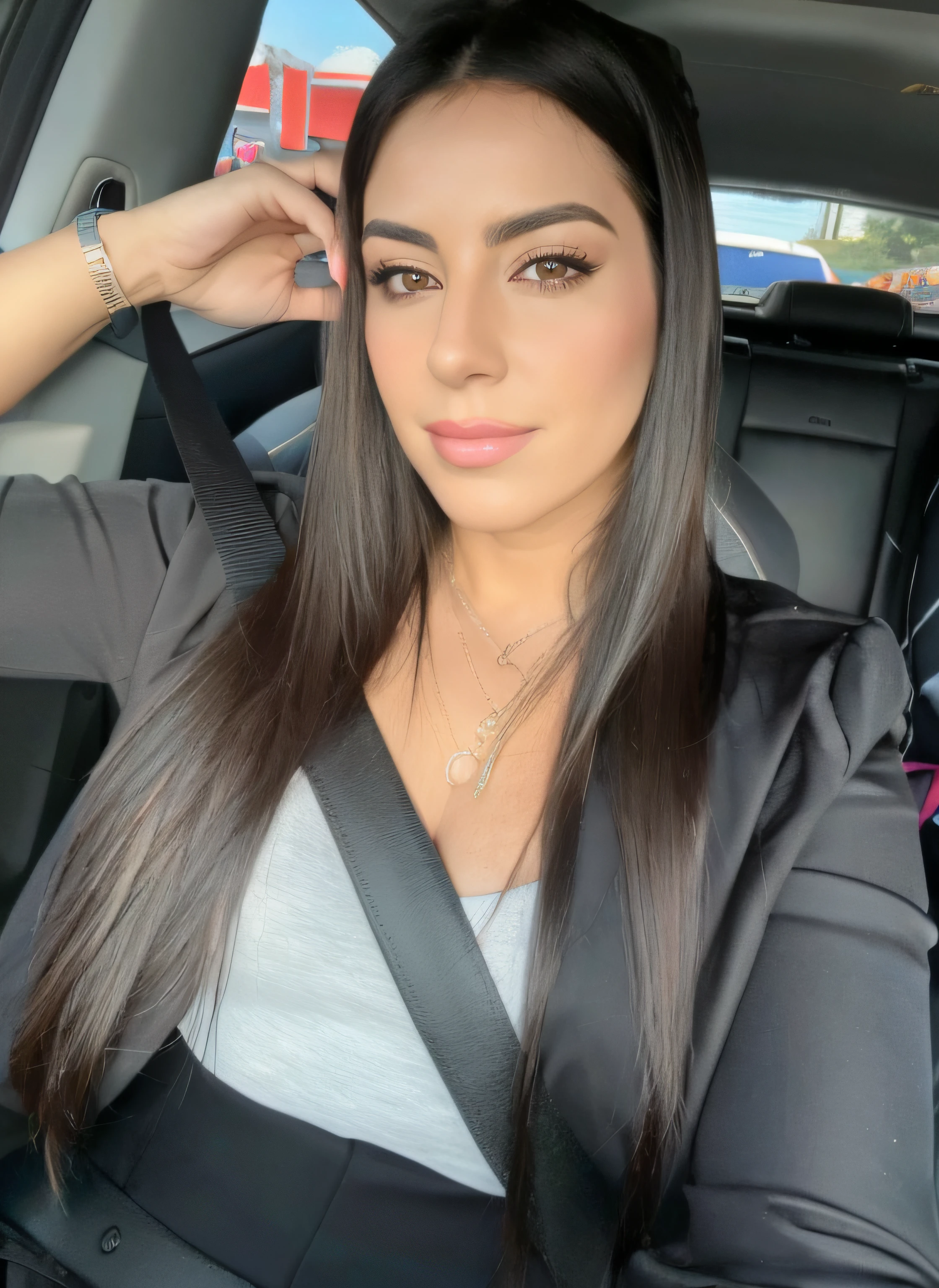 Arafed Woman sitting in a car wearing a seat belt, Violeta Myers, Cristina Kritkou, hembra con pelo largo y negro, Foto de perfil de la foto de cabeza, 3 0 years old woman, 30-year-old woman, Mujer joven con cabello largo y oscuro, Hermosa cara latina, Imagen de perfil, alanis guillen, sentada en su auto, cejas rectas naturales, beautiful iranian woman