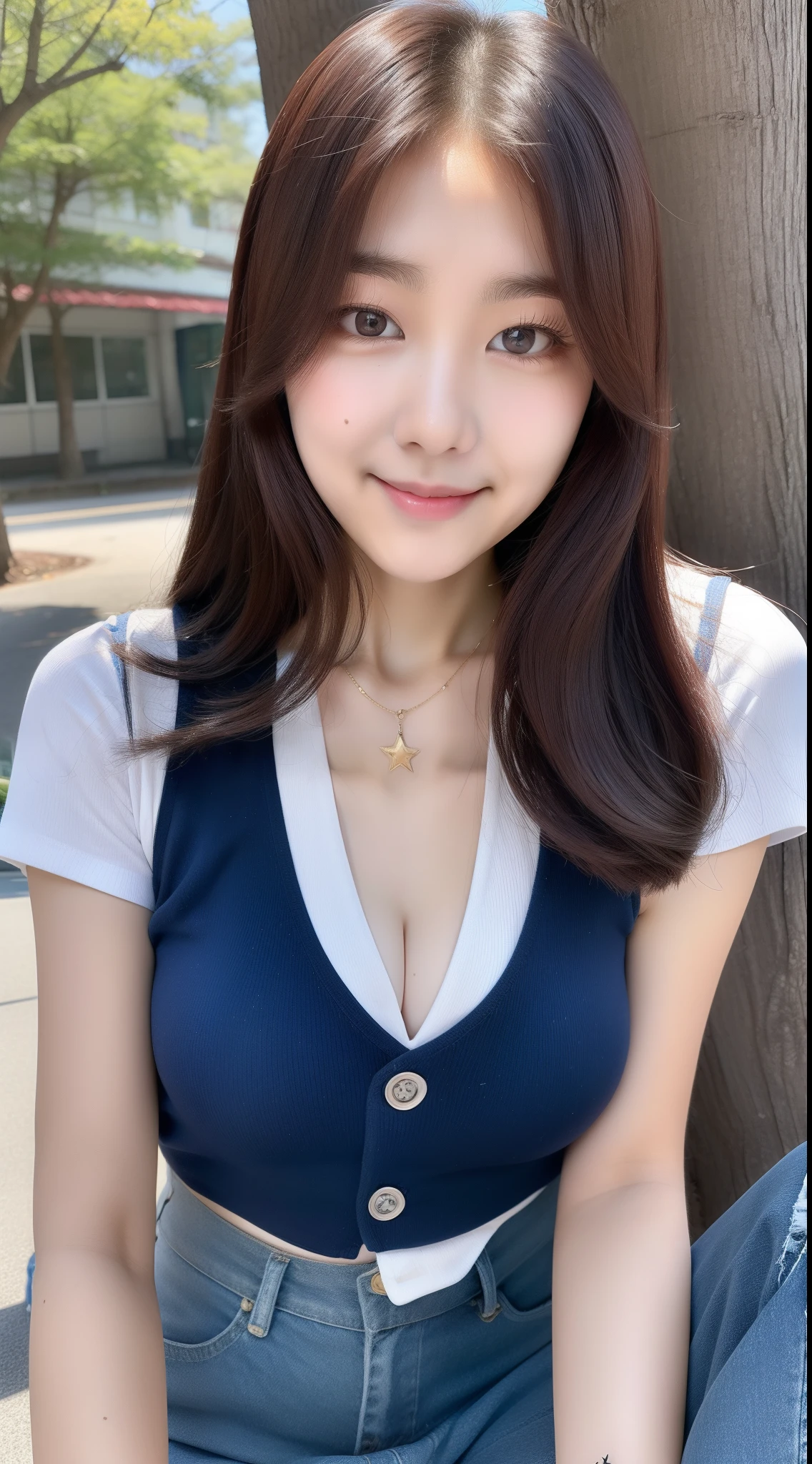 realistic photos of (1 cute Korean star) ahoge, white skin, thin makeup, 32 inch breasts size, slightly smile, wearing briwn vest, pants, sitting under the tree, selfie, close-up, 16k