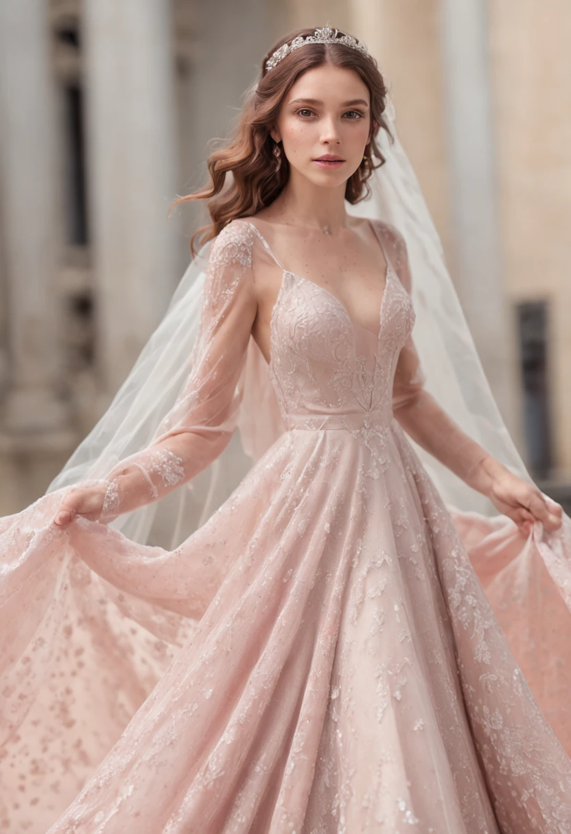 (Full body photograph of 1 curly-haired white girl wedding dress with large, transparent veil and pink color dress + suave e delicado + cabelos loiros)+(Vestido longo em cores brilhantes, Luz brilhante, Cabelo loiro longo e liso + Olhos brilhantes e acolhedores)+(pink petals + Brisa suave + with blue sky and white clouds + Bosques verdes e floridos)