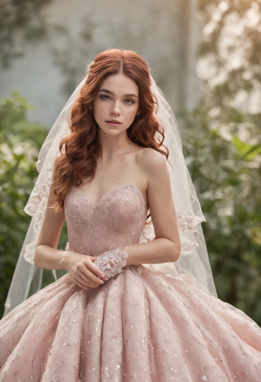 (Full body photograph of 1 white girl with freckles on her face and curly hair wedding dress with large transparent veil and pink dress + suave e delicado + cabelos loiros)+(Vestido longo em cores brilhantes, Luz brilhante, Cabelo loiro longo e liso + Olhos brilhantes e acolhedores)+(pink petals + Brisa suave + with blue sky and white clouds + Bosques verdes e floridos)