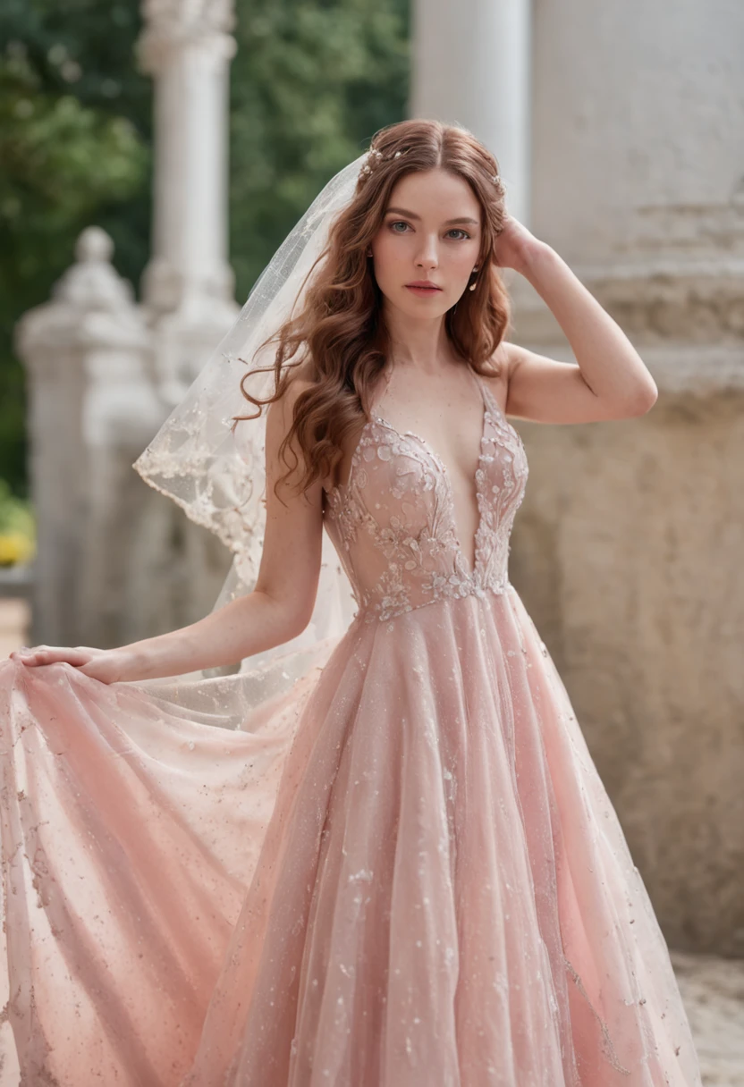 (Full body photograph of 1 white girl with freckles on her face and curly hair wedding dress with large transparent veil and pink dress + suave e delicado + cabelos loiros)+(Vestido longo em cores brilhantes, Luz brilhante, Cabelo loiro longo e liso + Olhos brilhantes e acolhedores)+(pink petals + Brisa suave + with blue sky and white clouds + Bosques verdes e floridos)