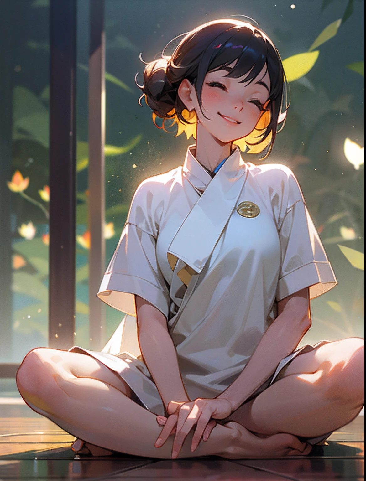 Woman in white shirt, Sit and meditate in lotus pose, eye closed, Floating on the ground, Happy, smiling slightly, Photorealistic, Bokeh, Particles of light