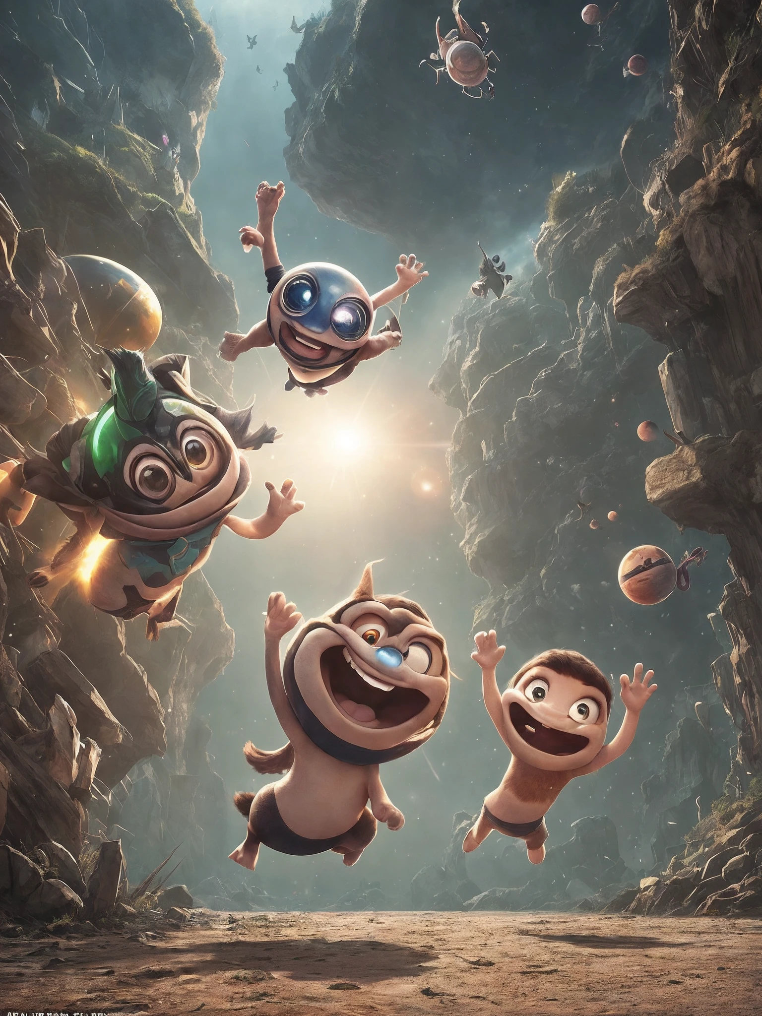 A very dynamic scene. Planet Plug. A funny crowd of very funny jumping alien animals, jumping and having fun for a group photo, close-up, Animals very funny and diverse in shape and size, Disney Pixar style, super realistic, cinematic, Gloomy blurred background, light haze. --auto --s2