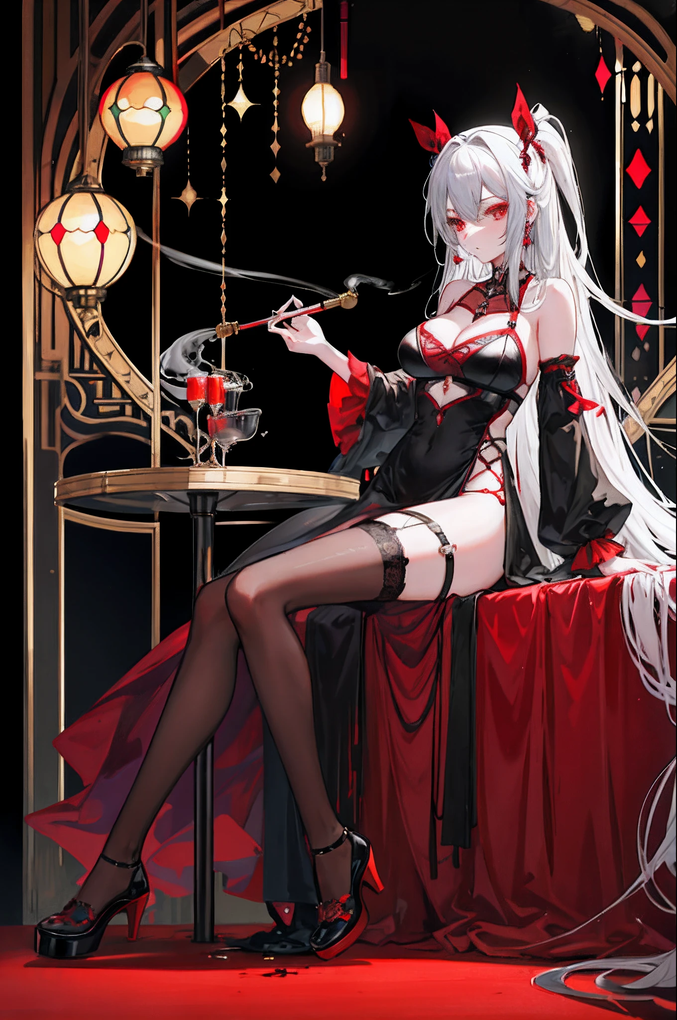 (hookah:1.2),holding a pipe, Smoke,flask,Girl,Long flexible rubber tube with smoke pipe,Smoked hookah,hookah,lethargy,Staring into the distance,Stained glass,zettai ryouiki, Night,huge tit,Holding Erlang's legs,Black and red slip dress lace,cropped shoulders