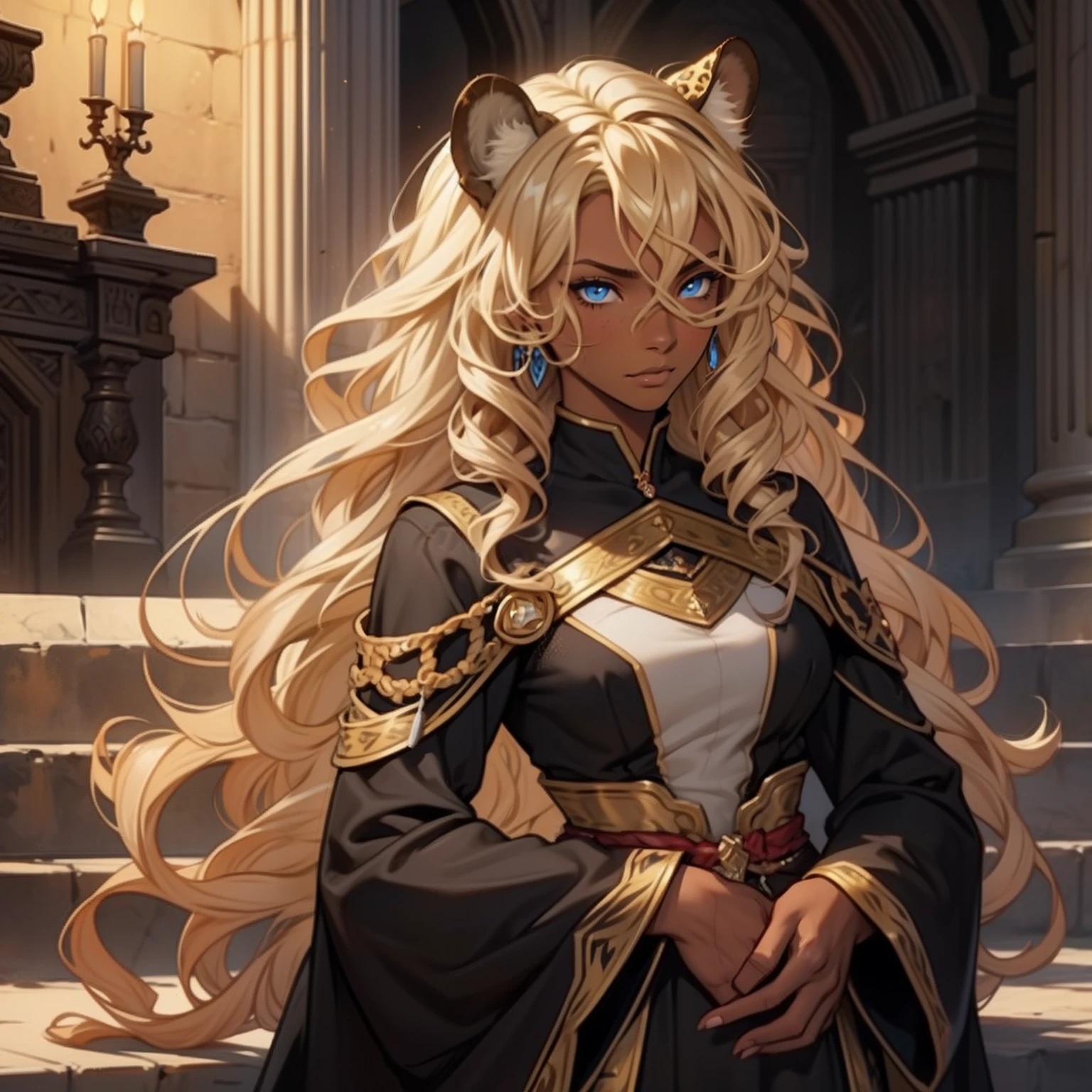 Dark Skin Woman. Leopard Woman. Blue eyes. Blond hair. Dark skin Woman. Medieval art. Curly Hair. Curly Blond Hair. Alone. DARK SKIN. Leopard Ears. Warrior Clothes