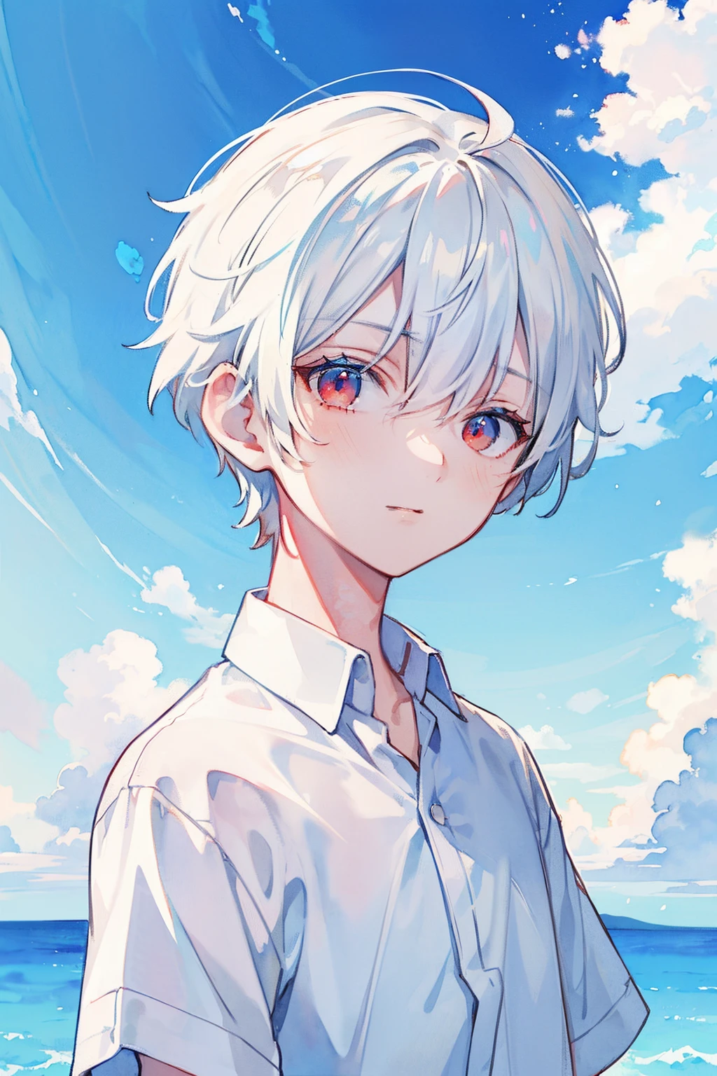 (hightquality, Breathtaking),(Expressive eyes, Perfect face), 1boy, Man's, Solo, Short, Young boy, short white hair, Red Eyes, ( watercolor paiting \(Medium\), Blue Sky Background, Water