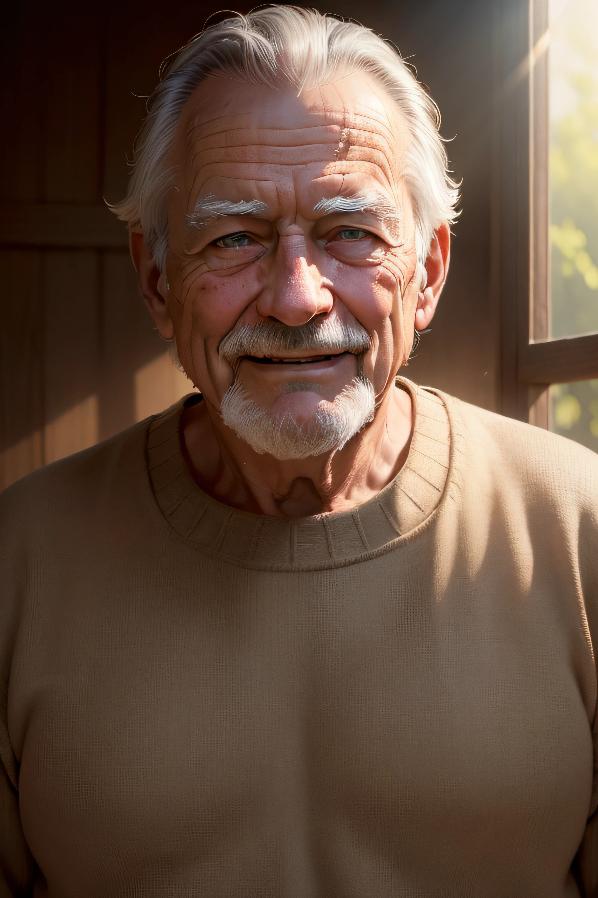 (masterpiece, photorealistic, raw,:1.4), (extremely intricate:1.2), close up, cinematic light, sidelighting, ultra high res, best shadow, RAW, upper body, old man, wearing pullover, happy, likeable