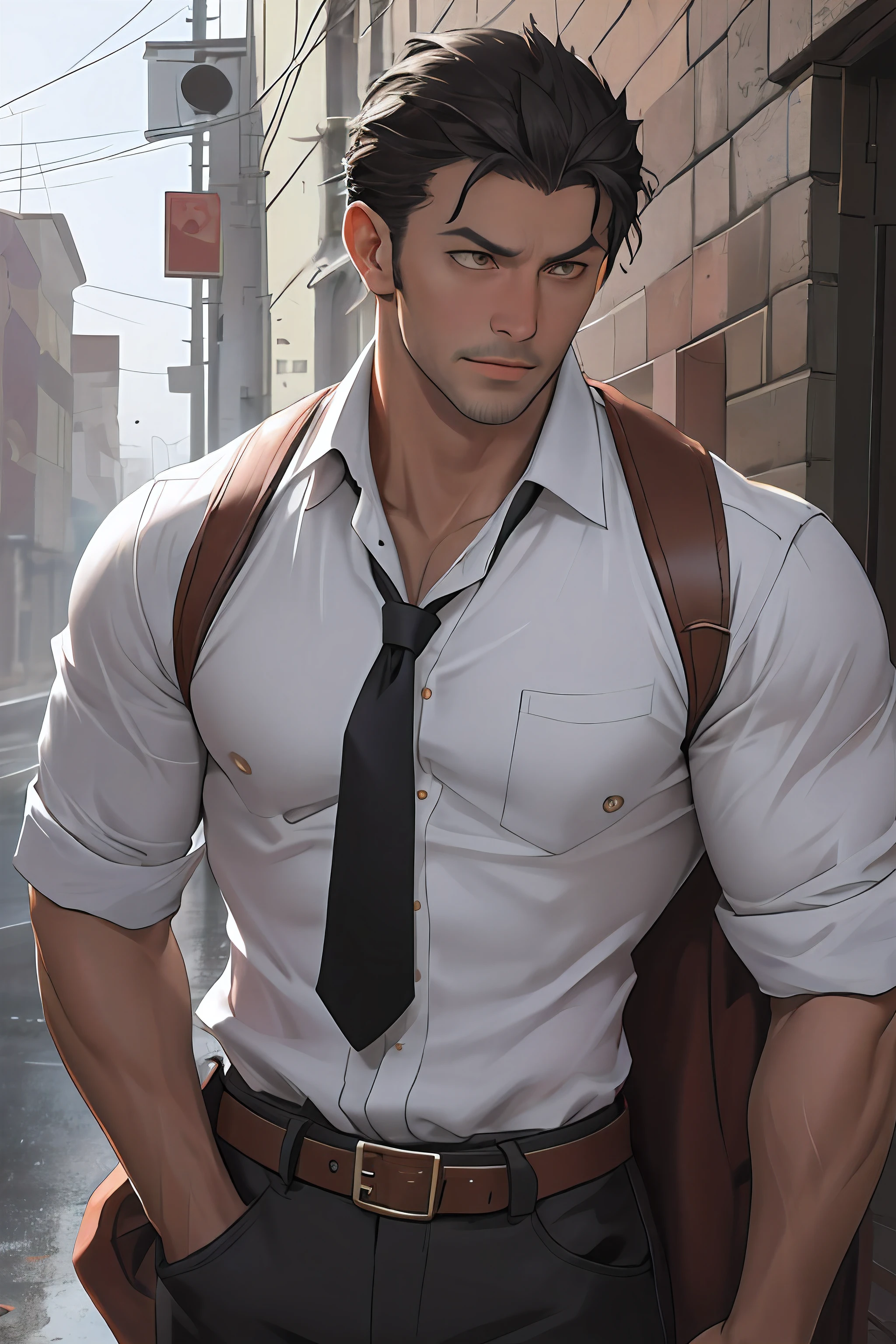 tmasterpiece，best qualityer，illustratio，Realisticstyle，photo realistic style，detail in face，offcial art，Movie lighting，1male people，in a white shirt，Wear a tie，wearing leather belt，are standing，Close-up of the crotch，Crotch view，Drenched，Get wet， Solo ，Handsome，virile，Handsome face，[[[［musculature］，Short hair，Gold eyes，looking at viewert